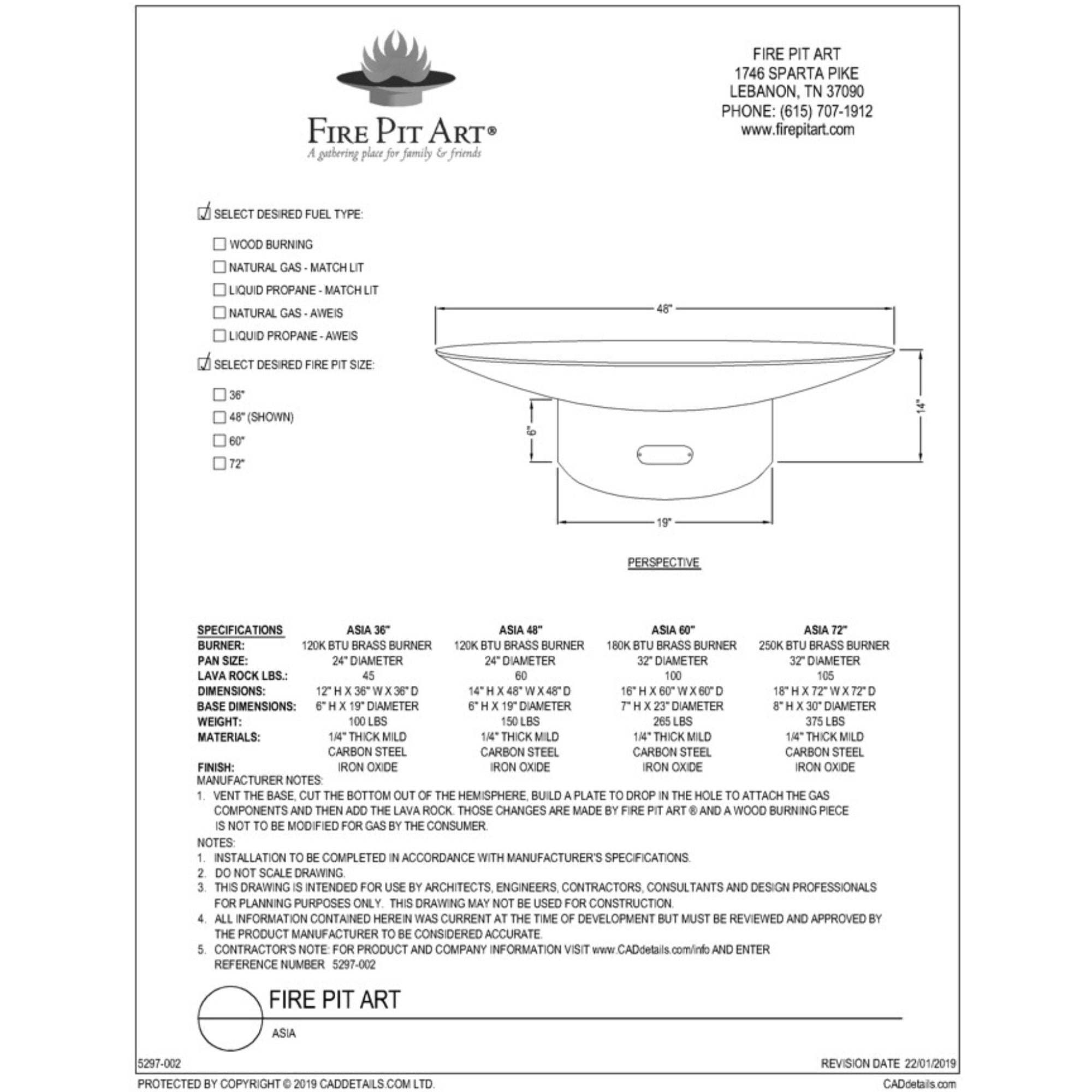 Technical drawing of a fire pit art product with dimensions and specifications.