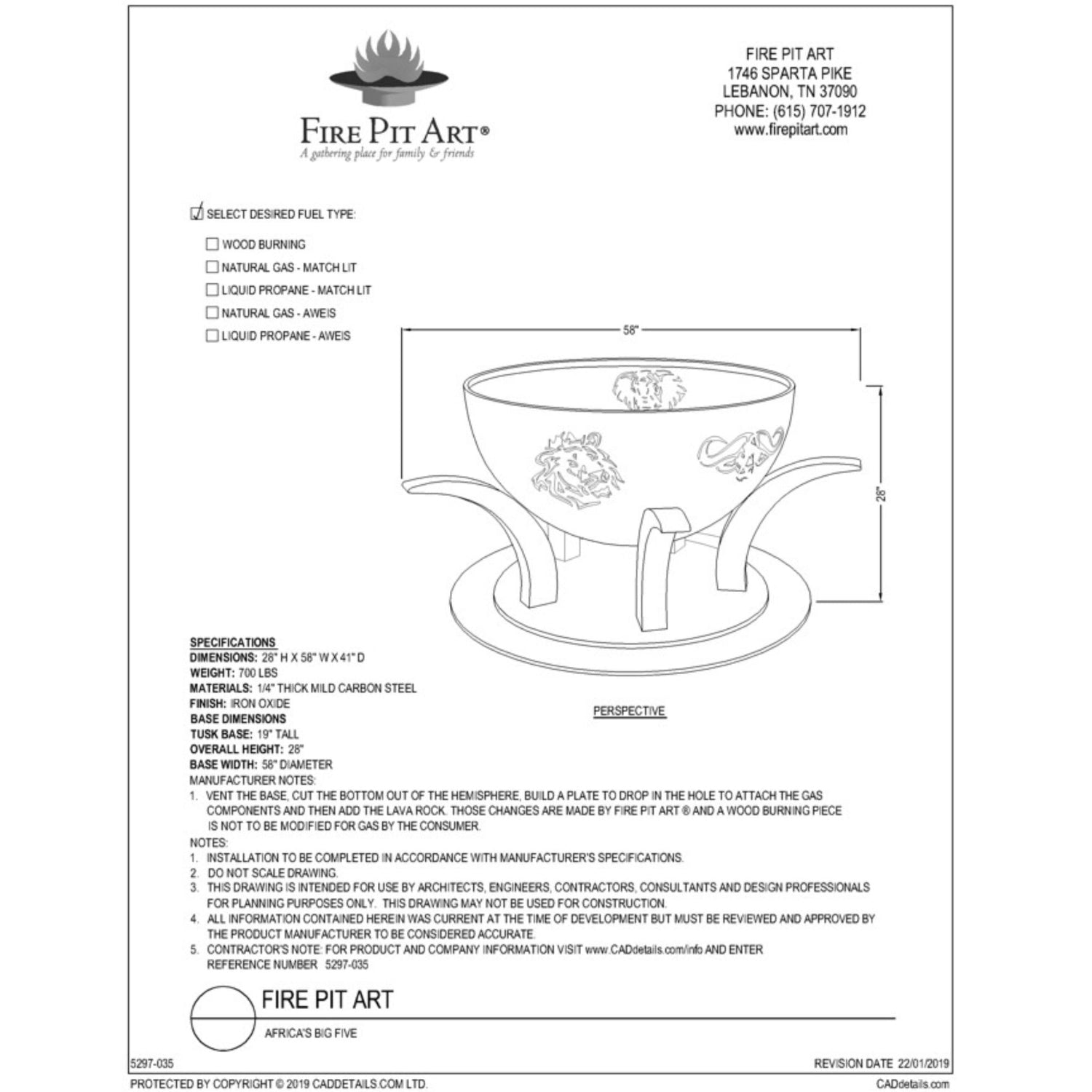Technical drawing of a fire pit with dimensions and specifications, branded 'Fire Pit Art'.