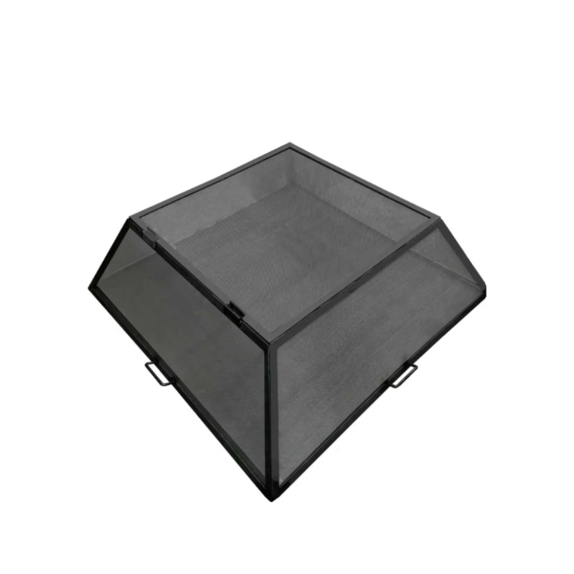 A black metal mesh screen enclosure with a hinged door and small side handles, shown on a plain white background.