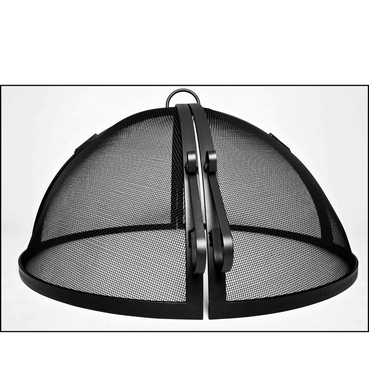 Black metal mesh food cover dome with a central clasp closure and hanging loop, shown on a plain light background.