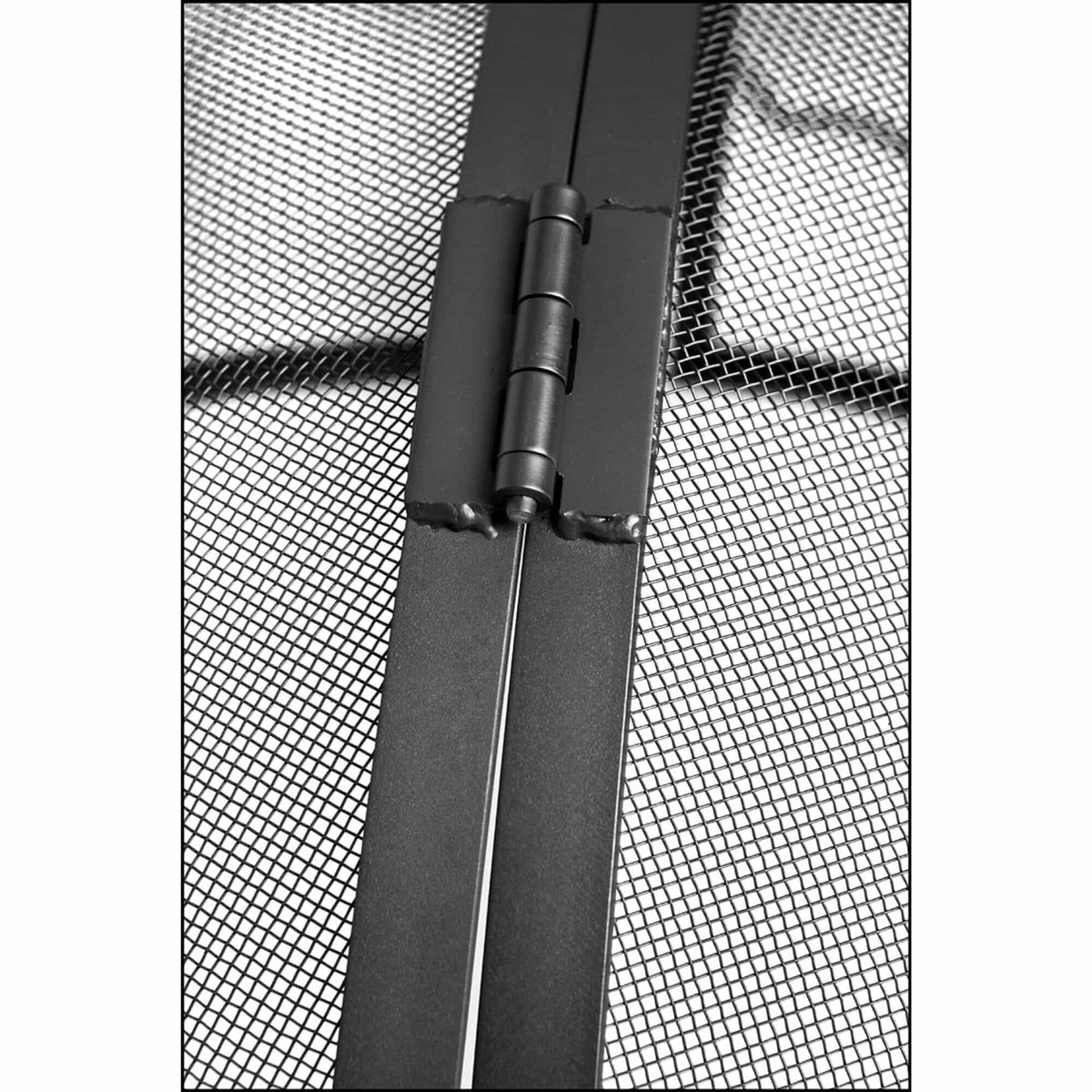 Close-up of a black metal mesh screen door with a central hinge, shown against a white background.