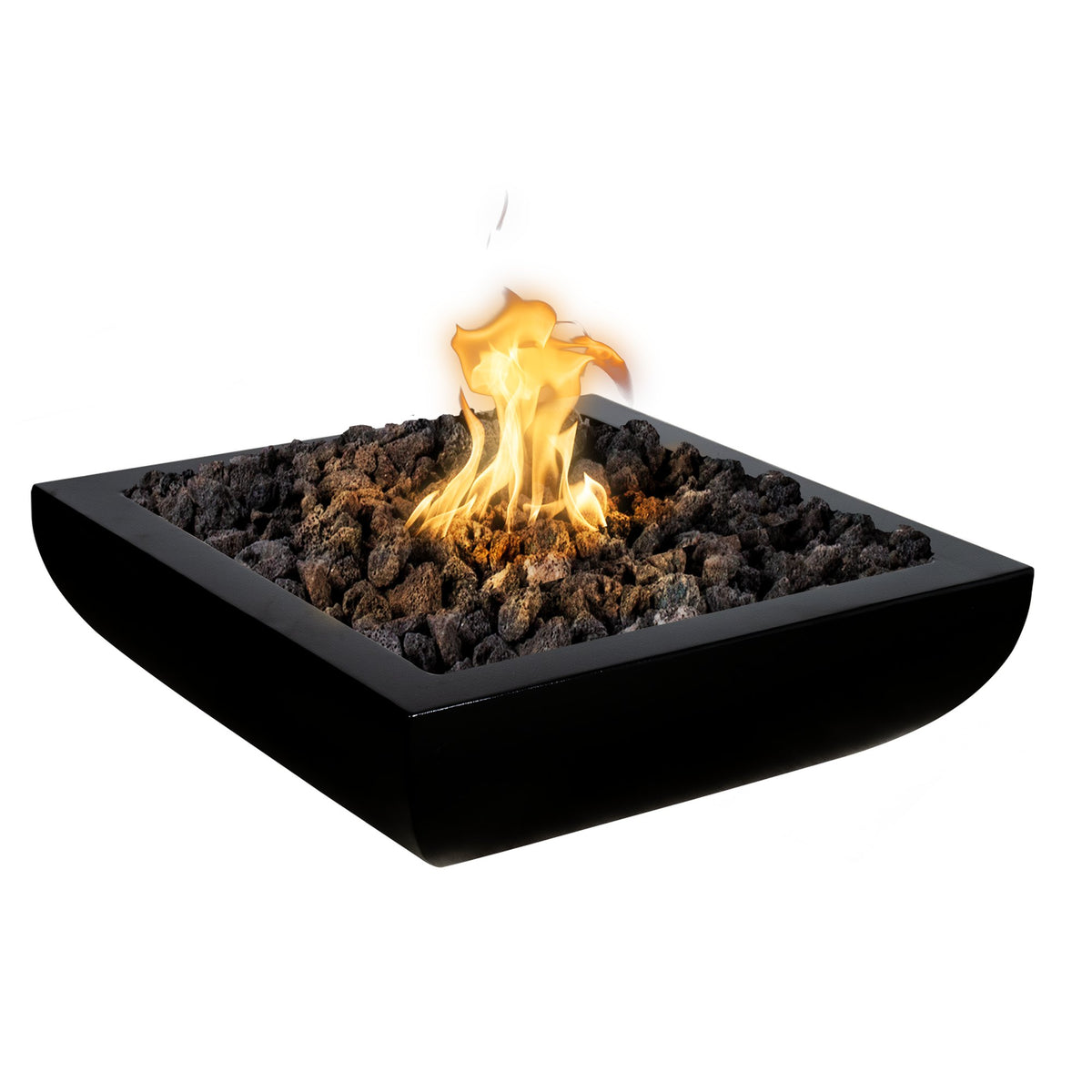 A square black fire pit with a glowing orange and yellow flame, filled with dark lava rocks, shown against a solid white background.