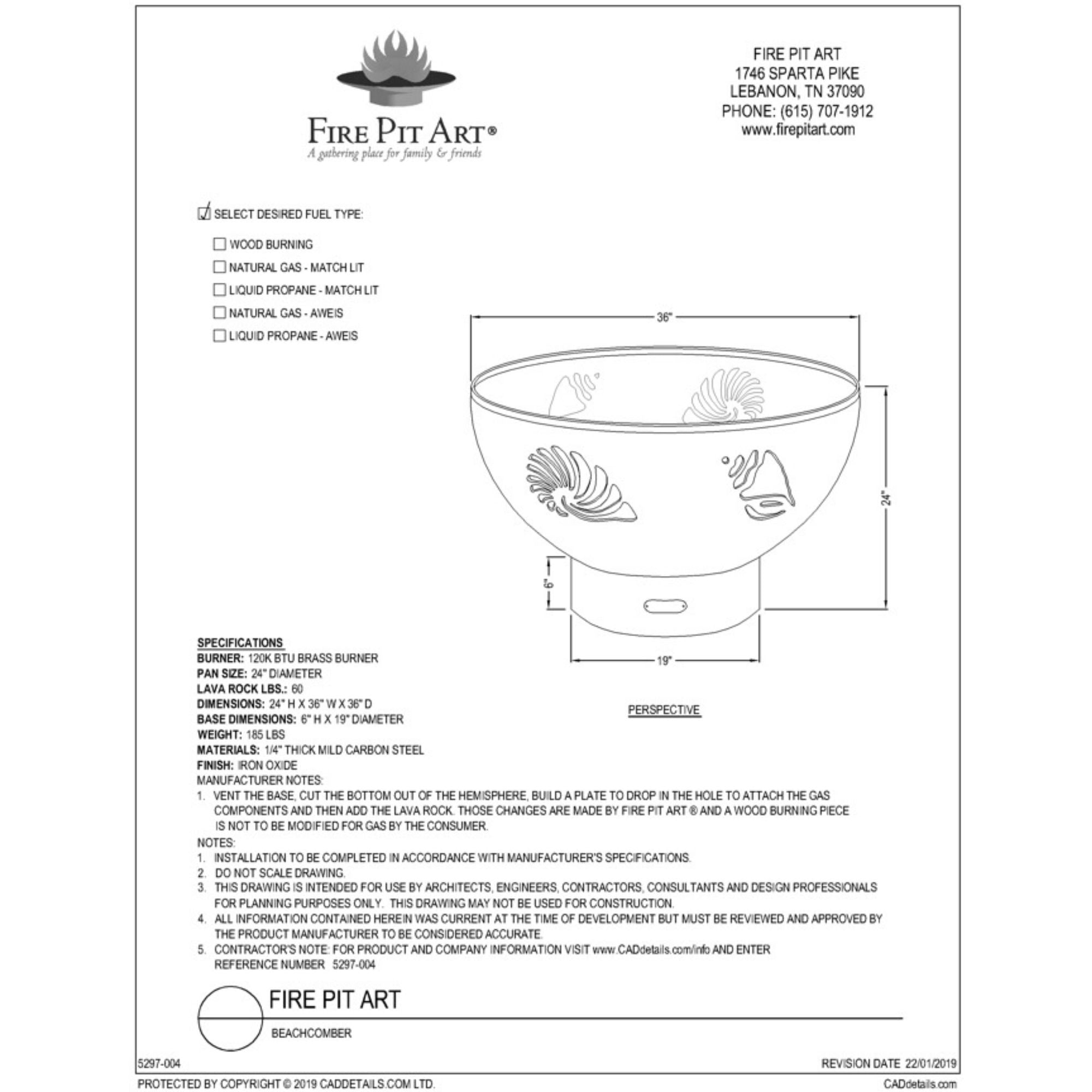 Technical drawing of a fire pit with dimensions and specifications.