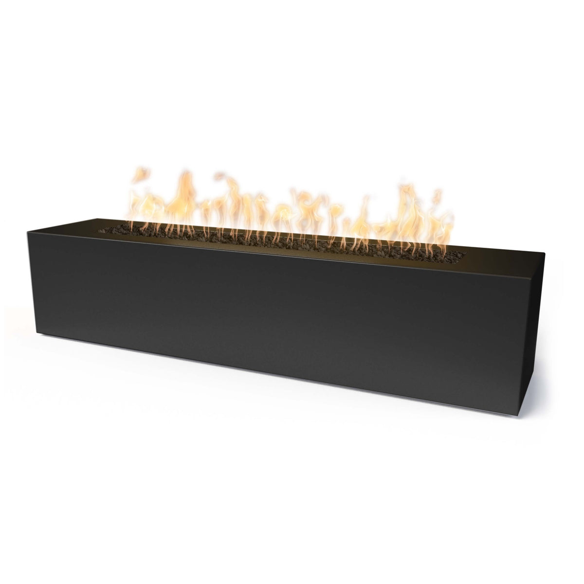 Rectangular black fire pit with flames on a white background