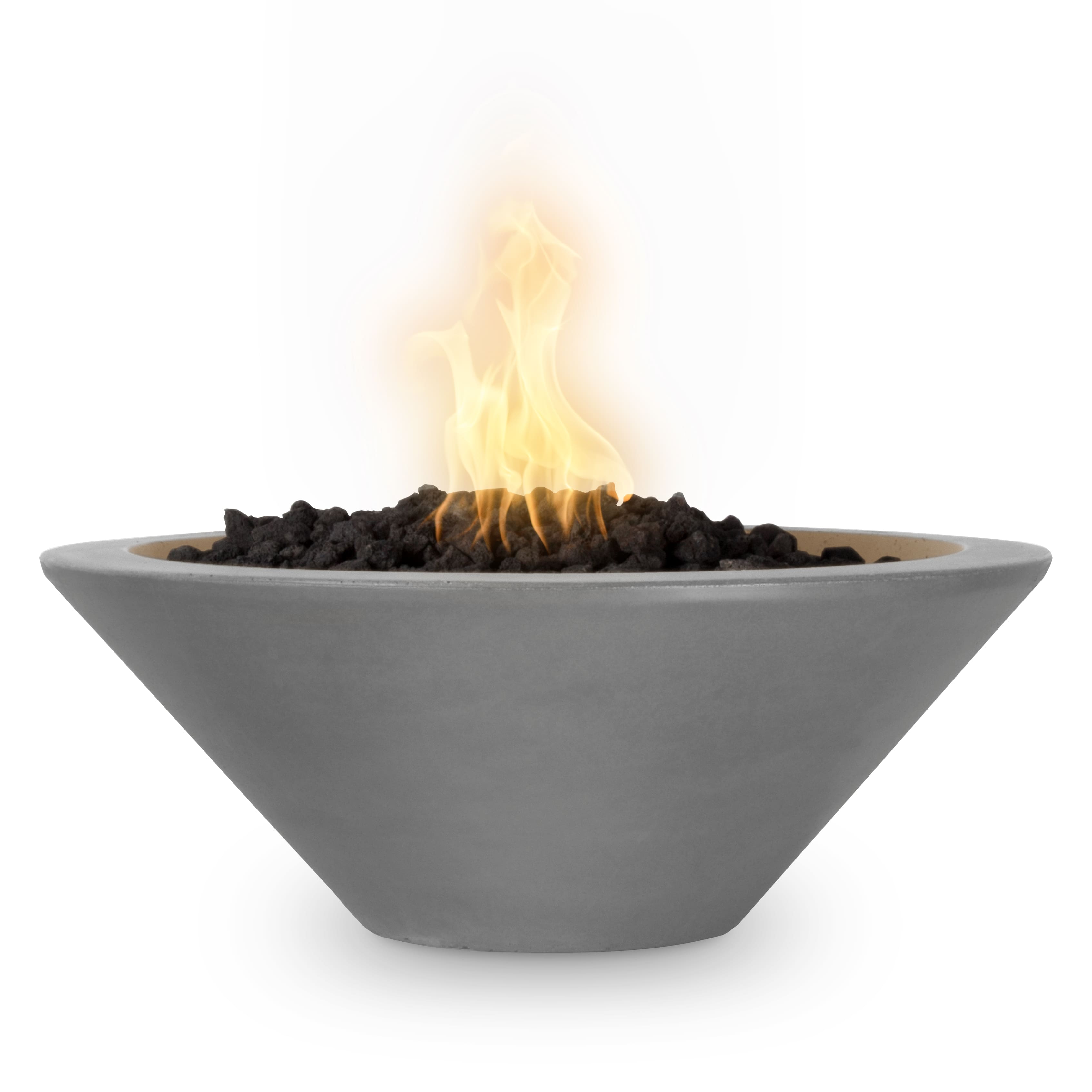 Concrete fire bowl with flames on a white background