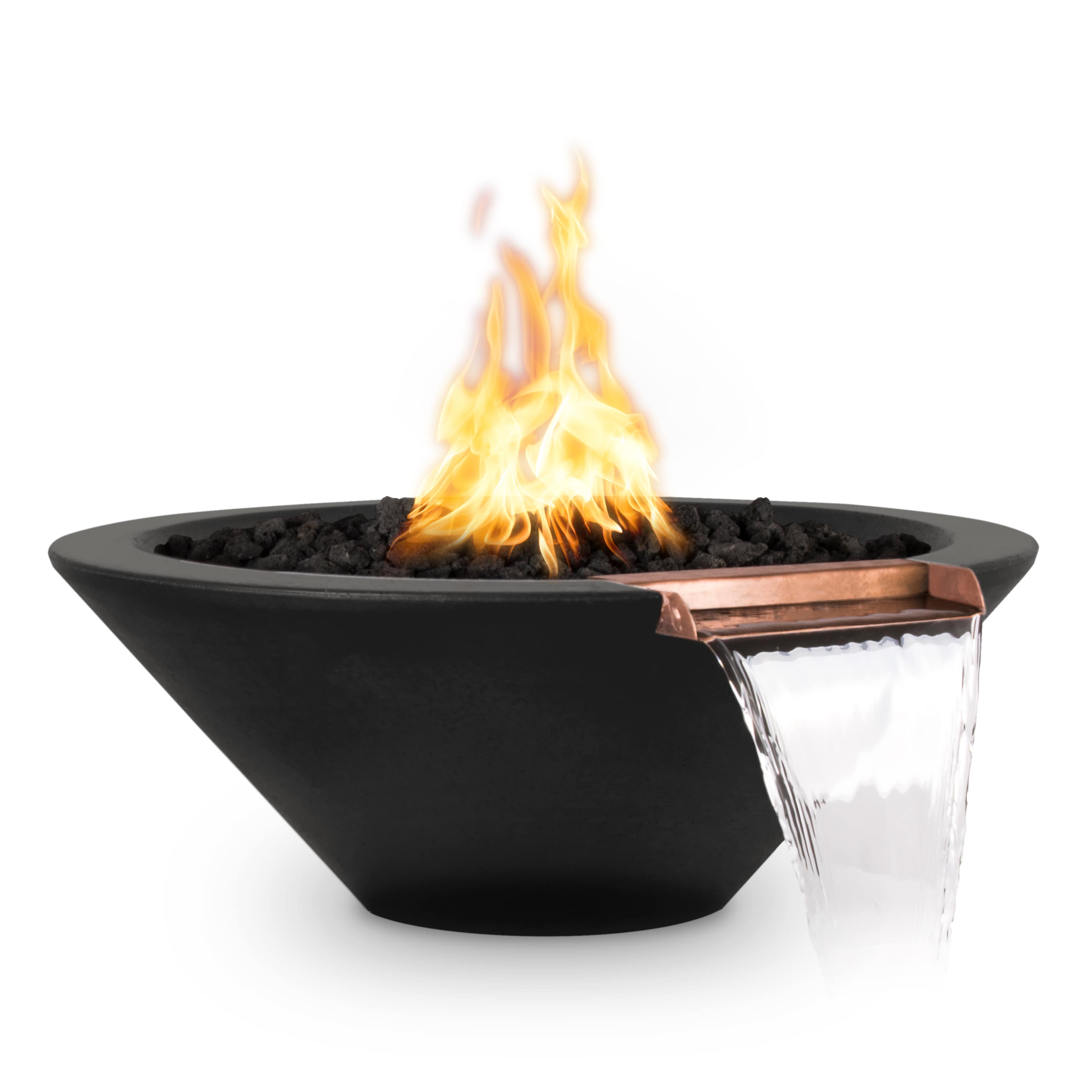 Black fire pit with flames on a white background