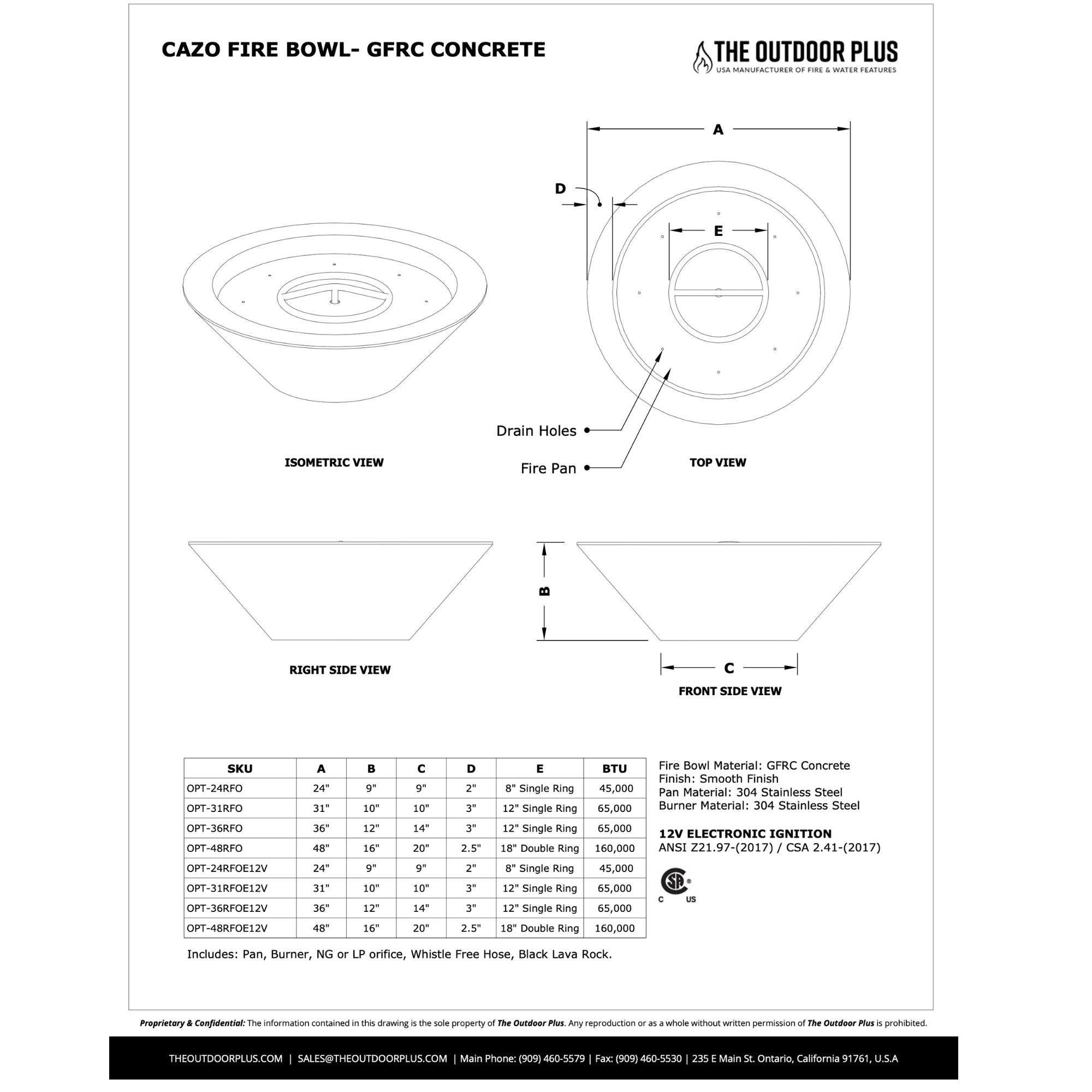 Technical drawing of a Cazo fire bowl with dimensions and specifications.