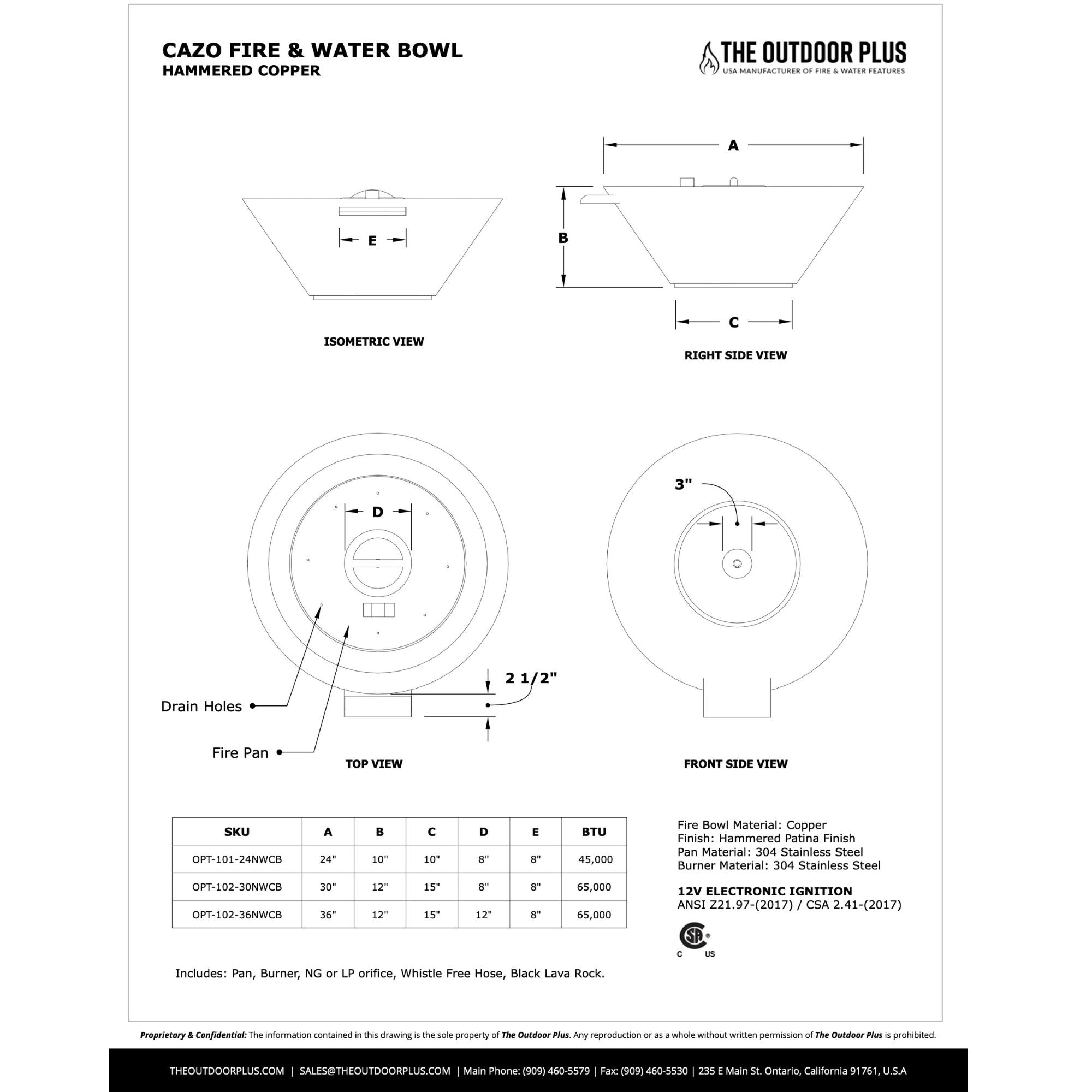 Technical drawing of a Cazo Fire & Water Bowl with dimensions and specifications.