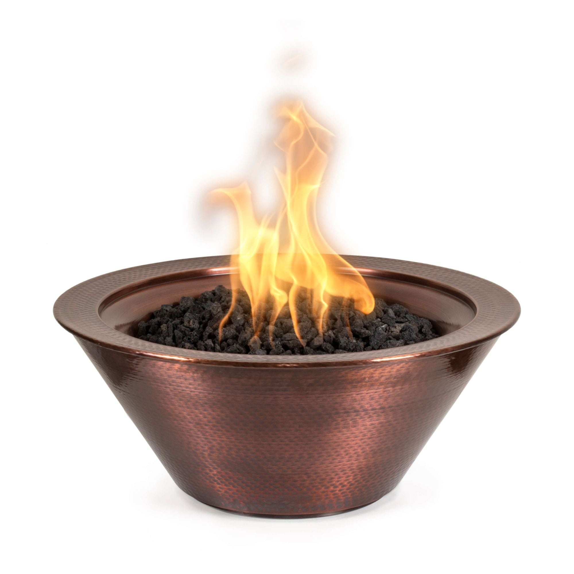 Copper fire pit with flames on a white background