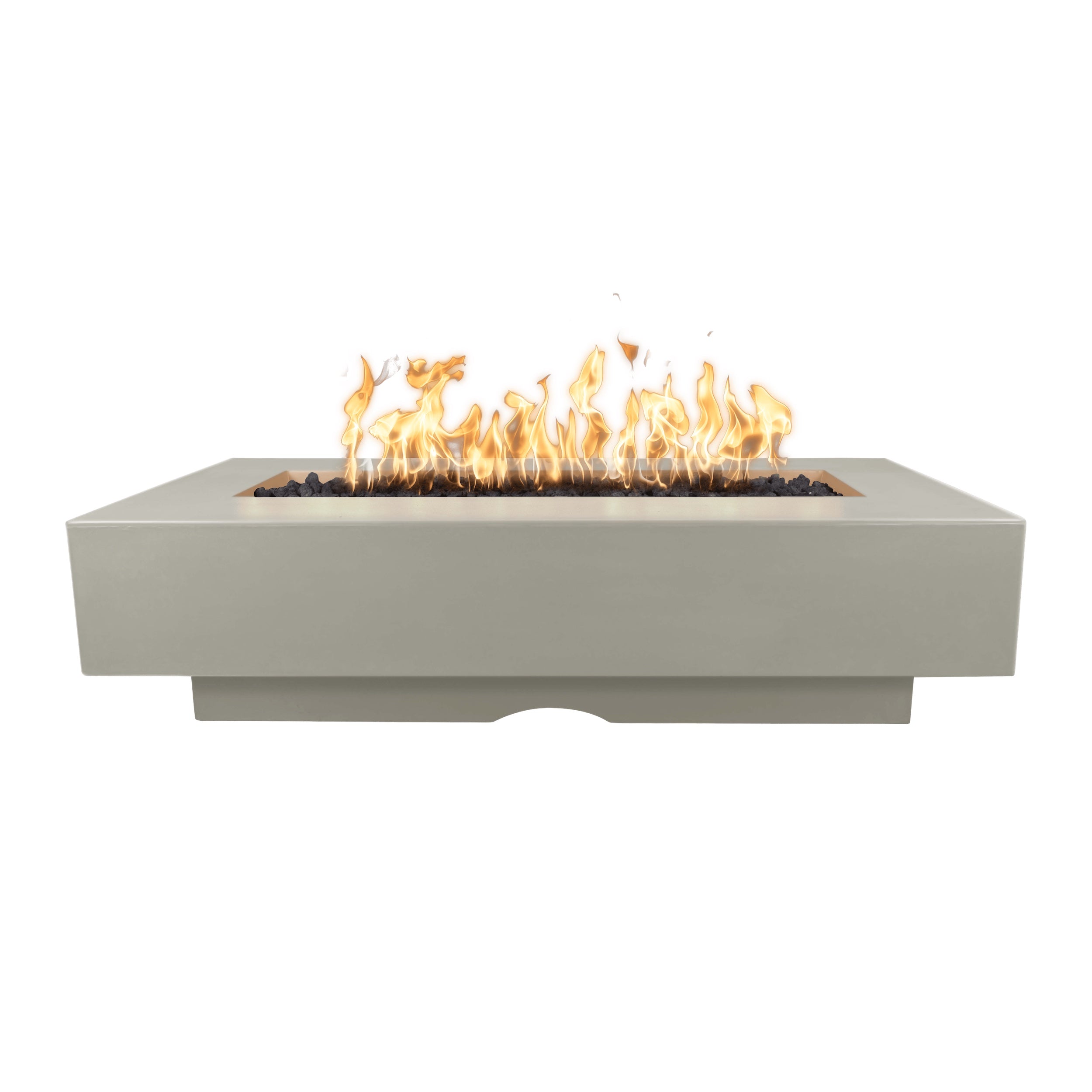 Rectangular fire pit with flames on a white background