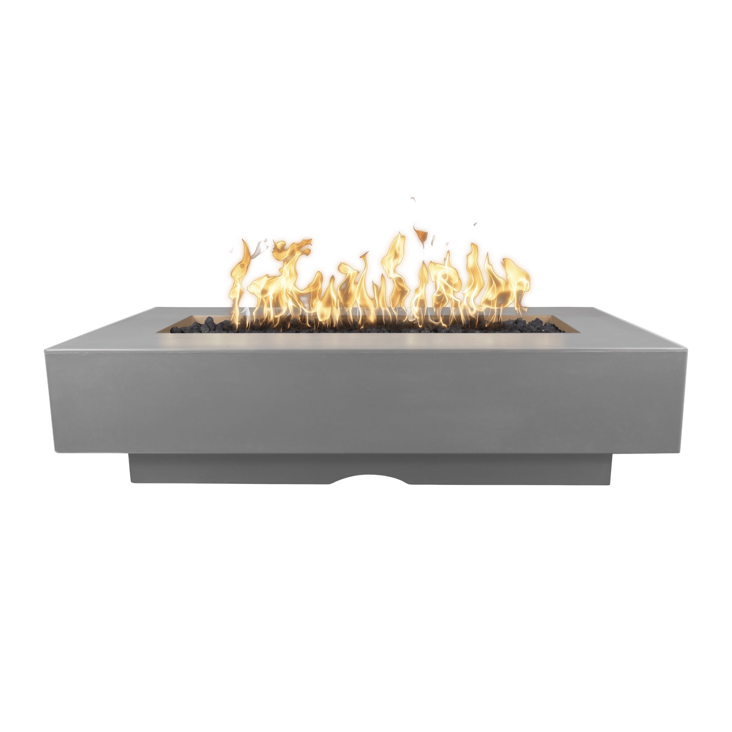 Rectangular fire pit with flames on a white background