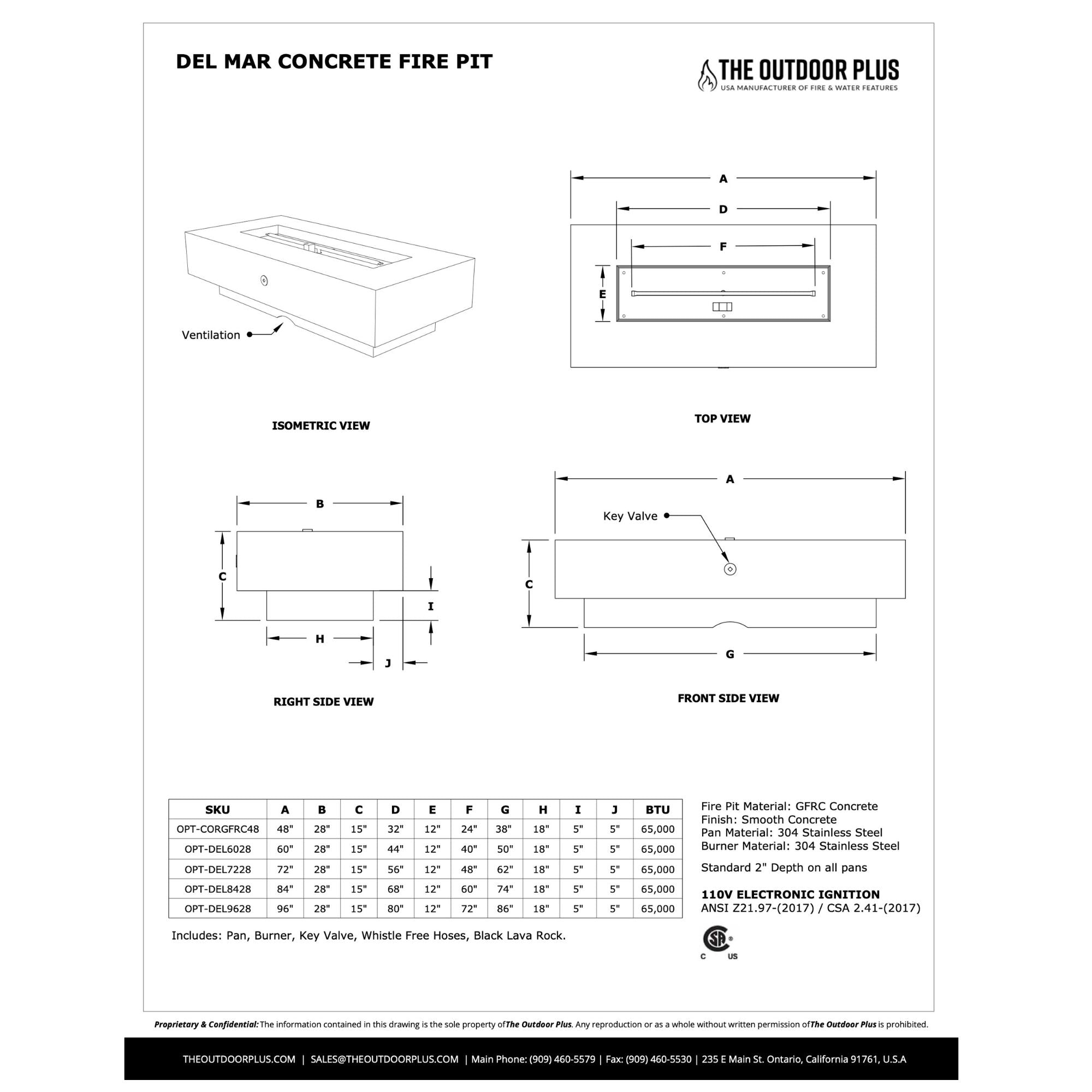 Technical drawing and specifications of a Del Mar Concrete Fire Pit by The Outdoor Plus.