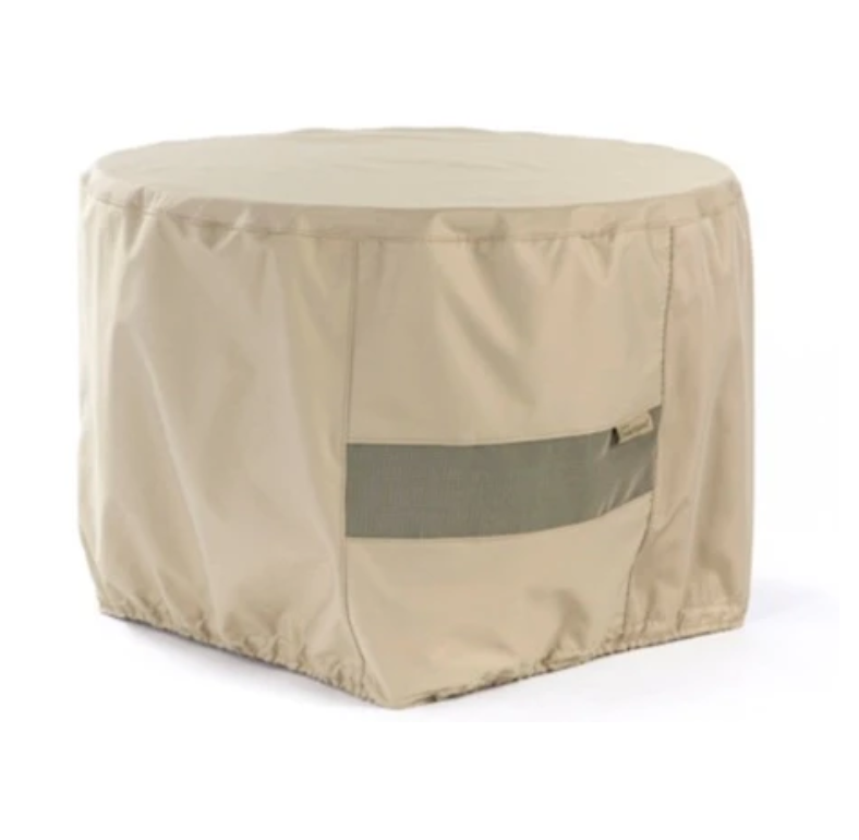 Beige outdoor firepit cover with a visible brand logo on a white background