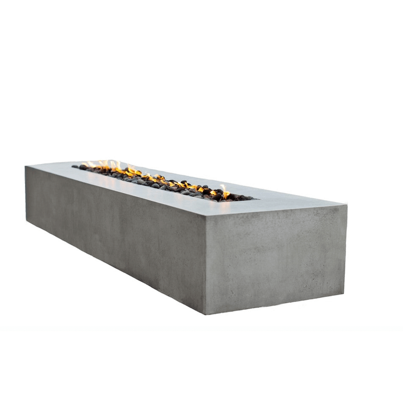Rectangular concrete fire pit table with glowing embers on a white background