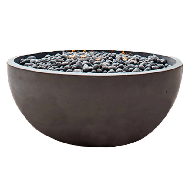 Black fire pit bowl with glowing stones on a white background