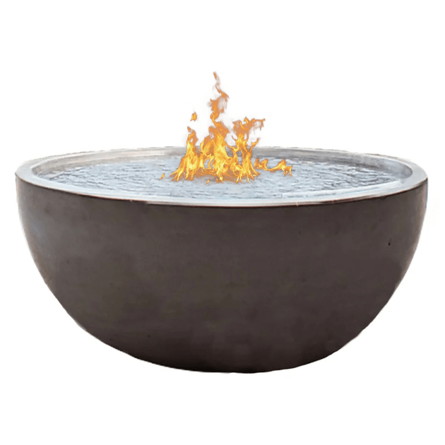 Concrete fire pit with flames on a white background