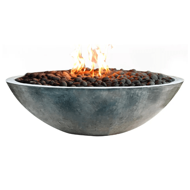 Bowl-shaped fire pit with flames on a white background
