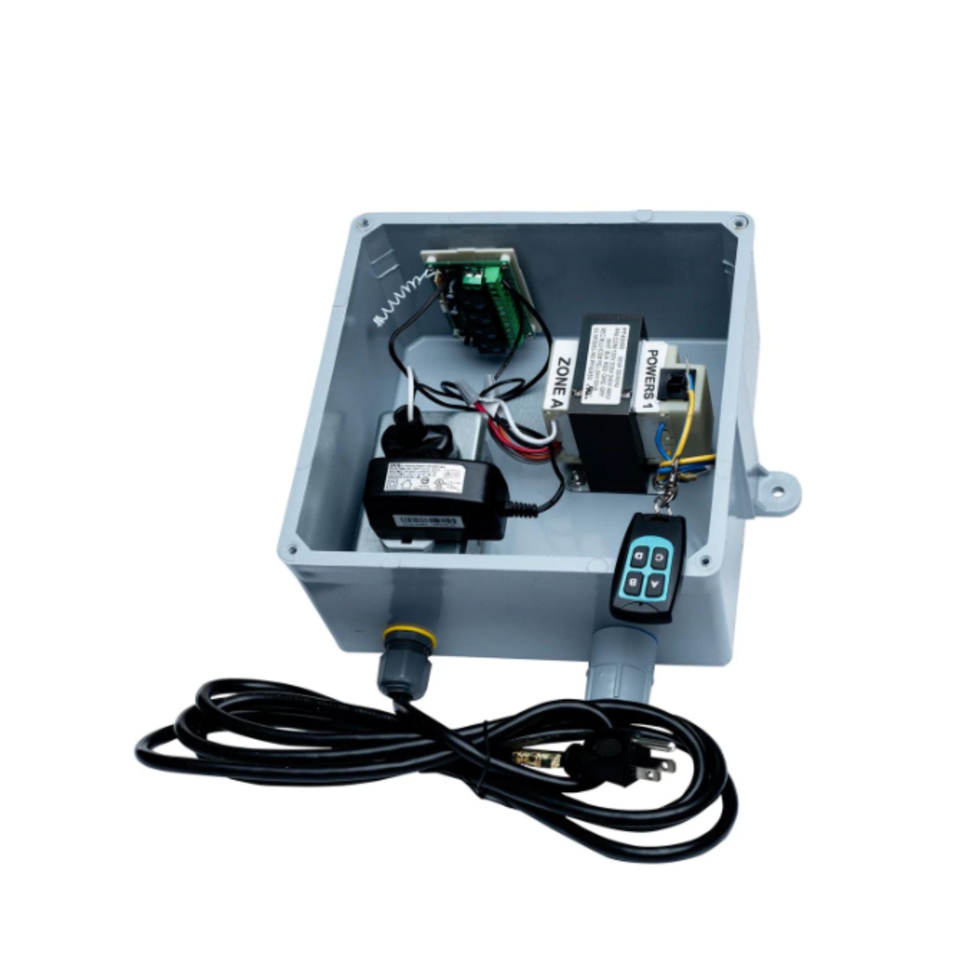 Electrical control panel with wiring and remote control on a white background
