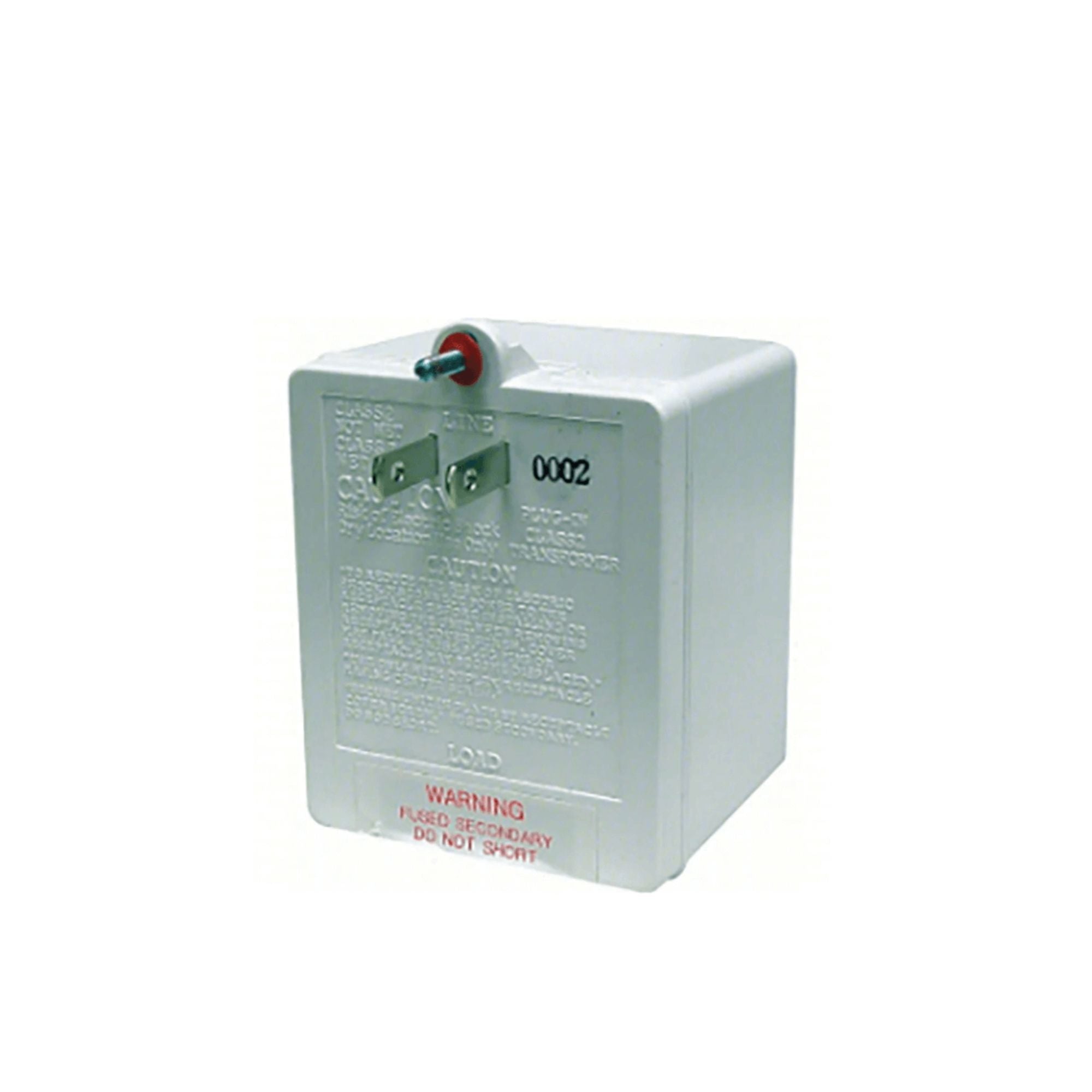 White electrical plug-in transformer with warning label on a white background