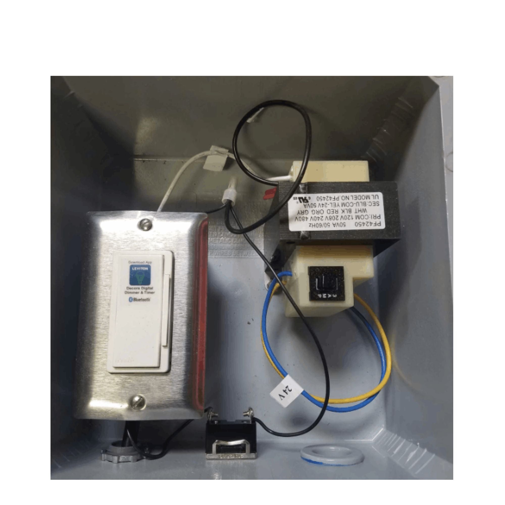 Electrical panel with wiring and components inside a metal enclosure
