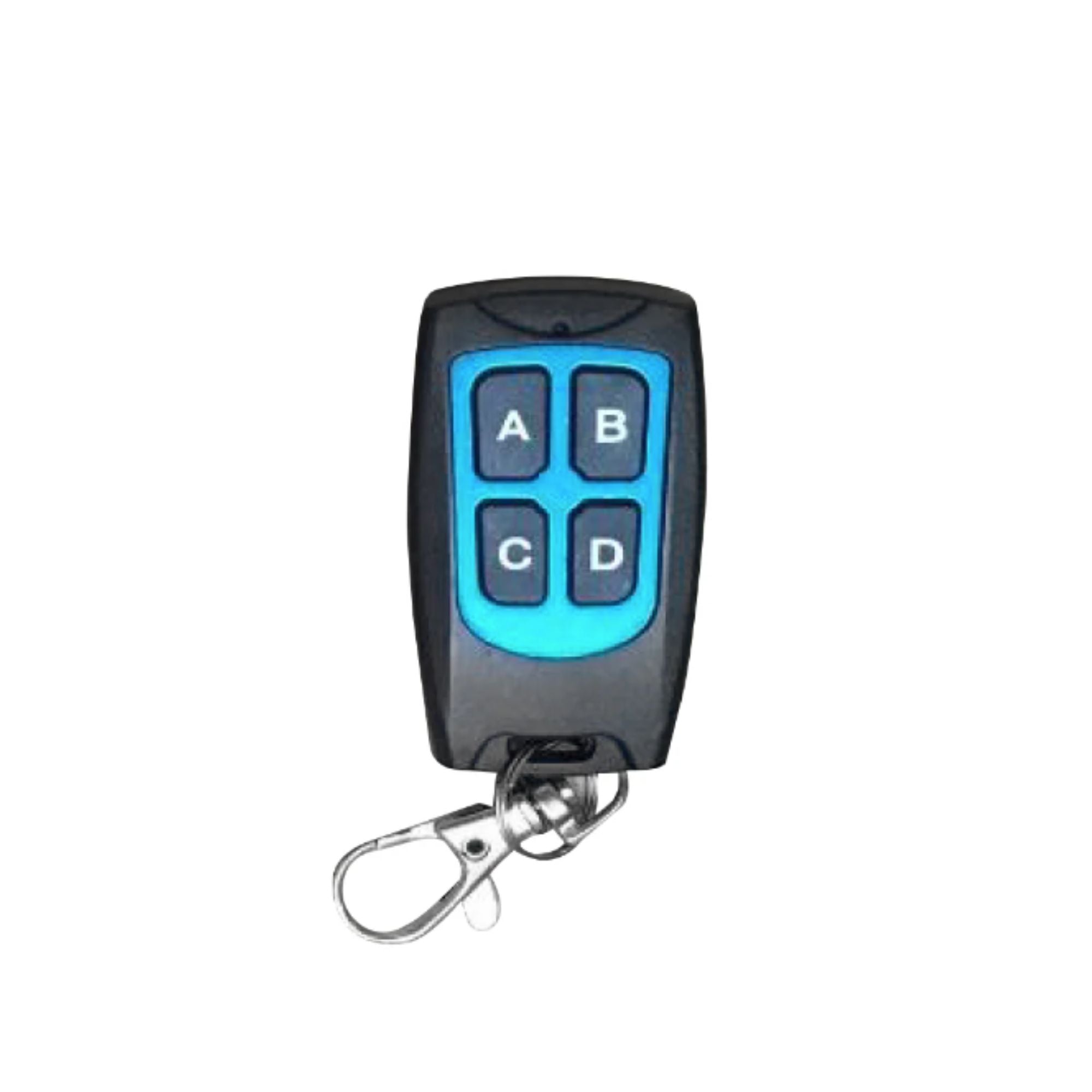 Black remote control with blue backlight on a white background