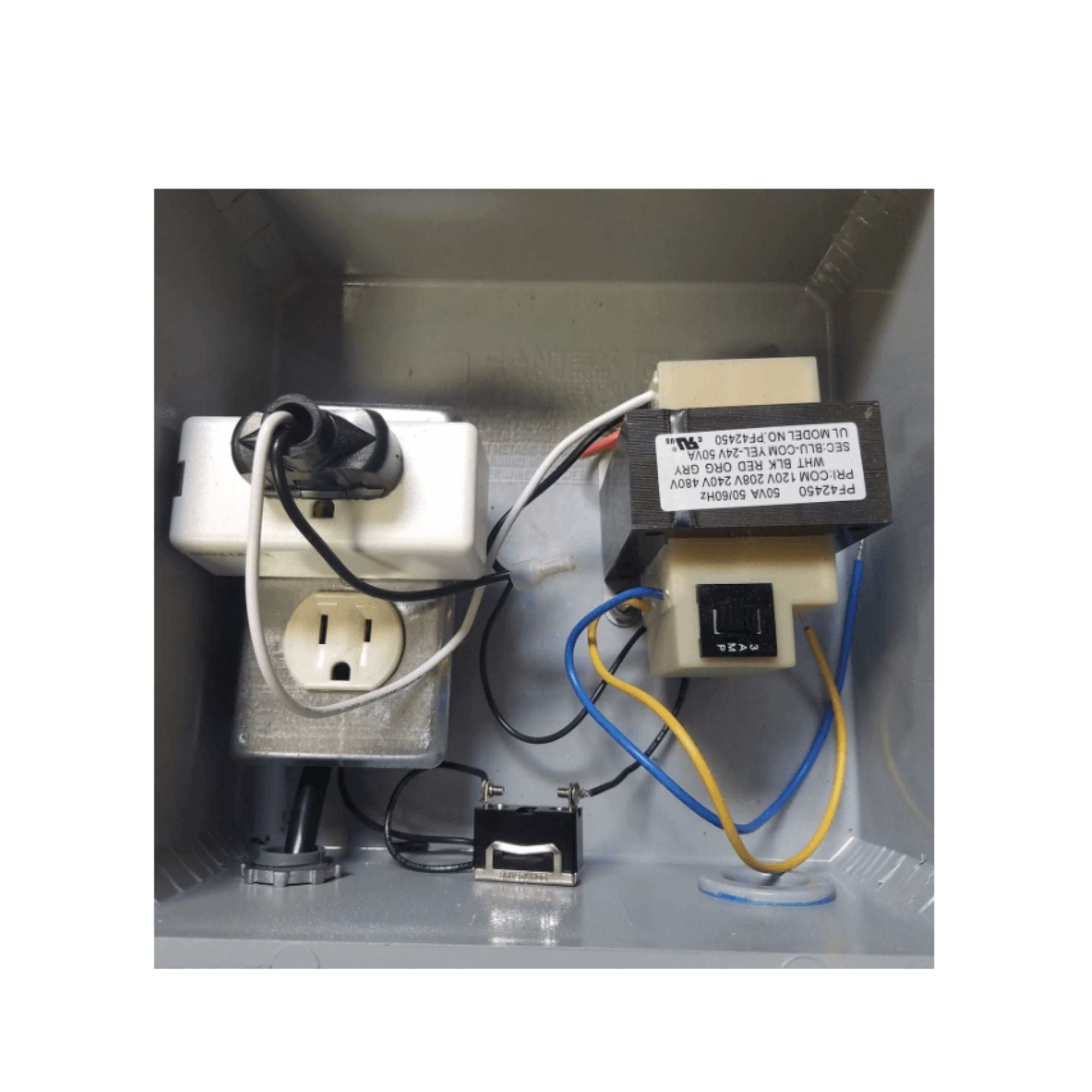 Electrical components including a plug, socket, and wiring on a white background