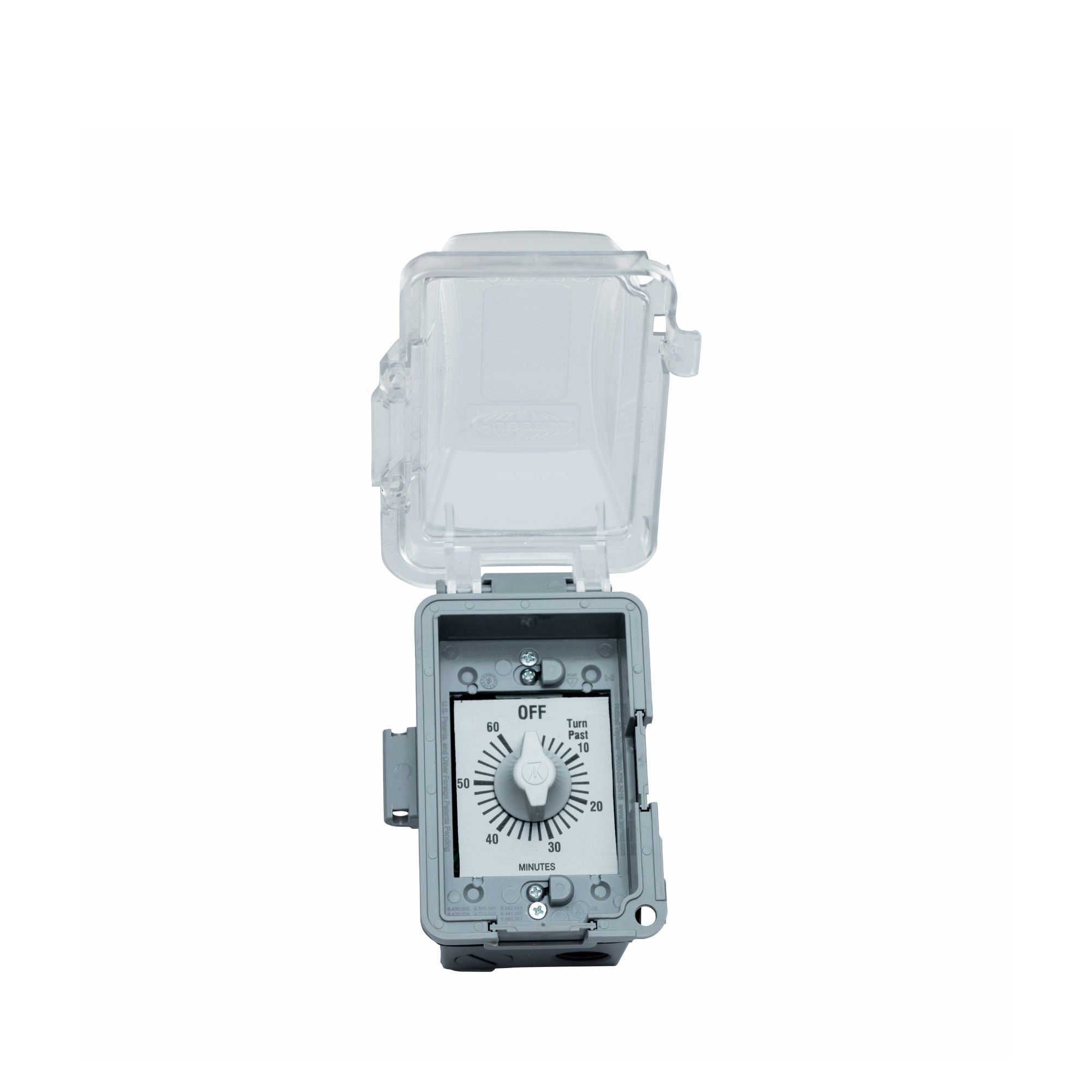 Electrical timer with clear cover on a white background