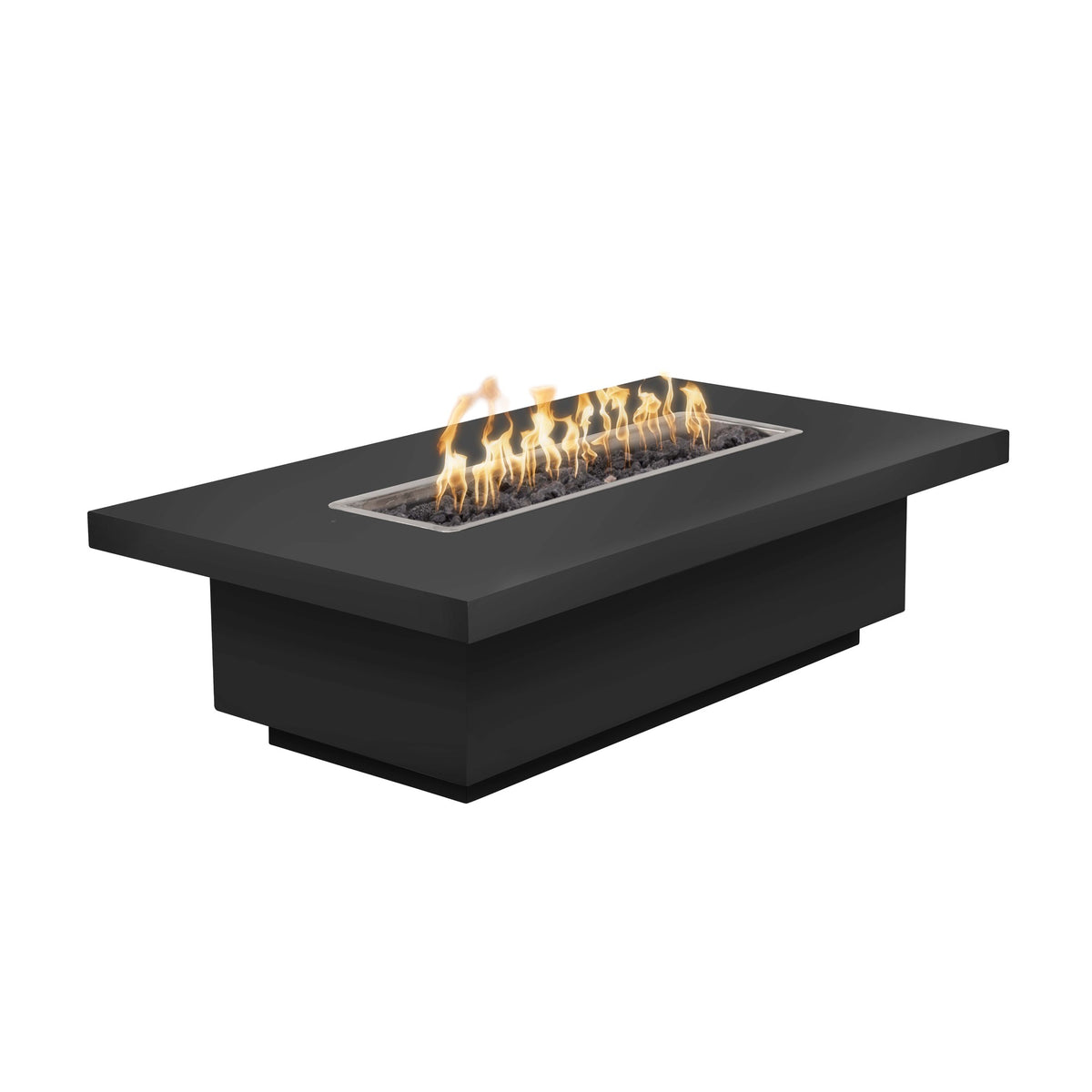 A rectangular black fire pit table with a flat top and active flames burning over dark decorative stones, shown on a plain white background.