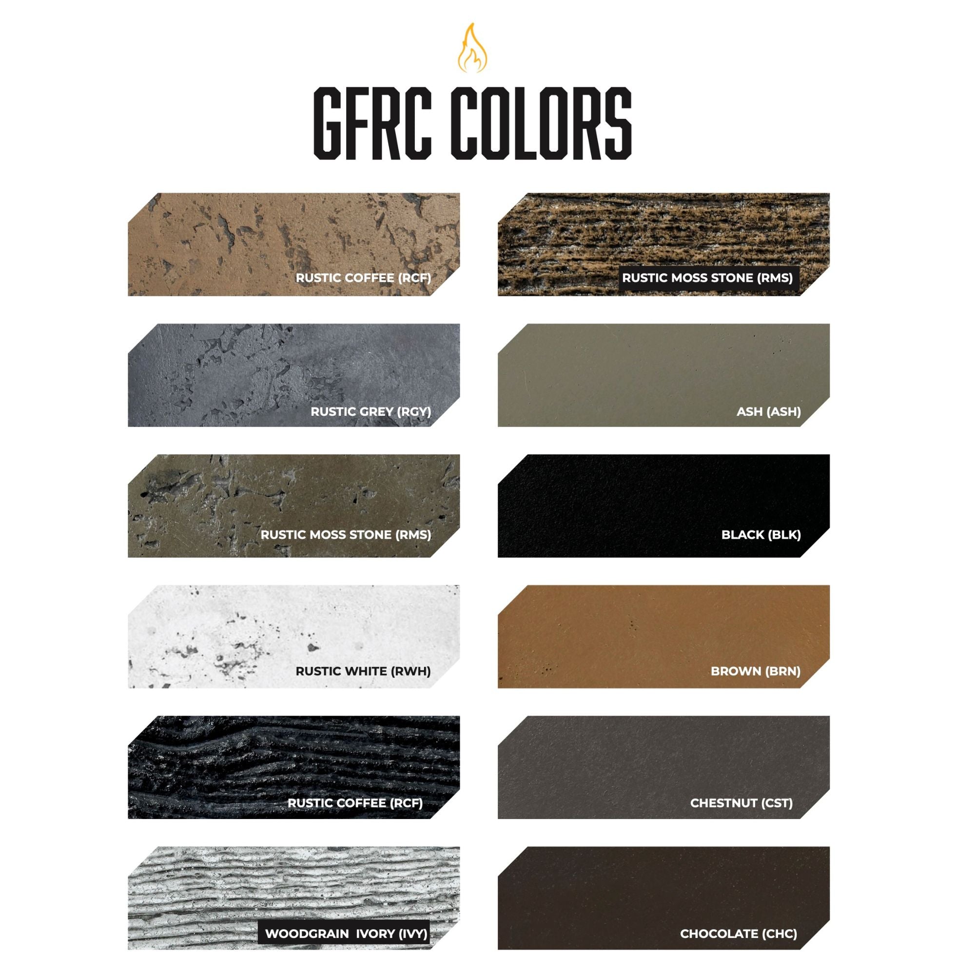 Color swatches of GFRC (Glass Fiber Reinforced Concrete) materials with labels on a white background.