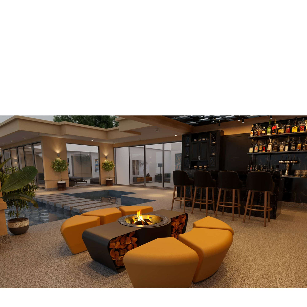 Modern outdoor living area with fire pit, seating, and bar.