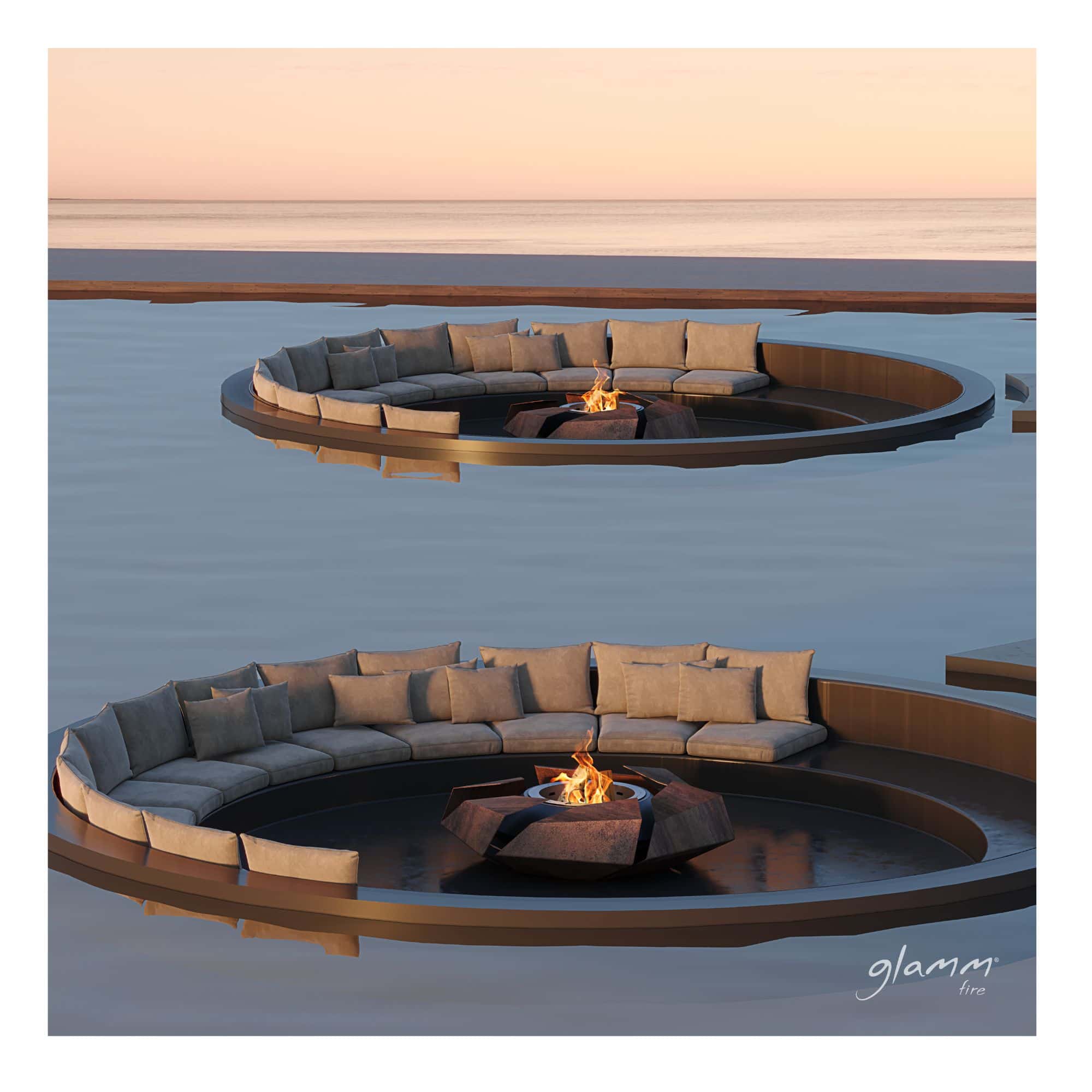 two firepits with flames burning, with sofas around them