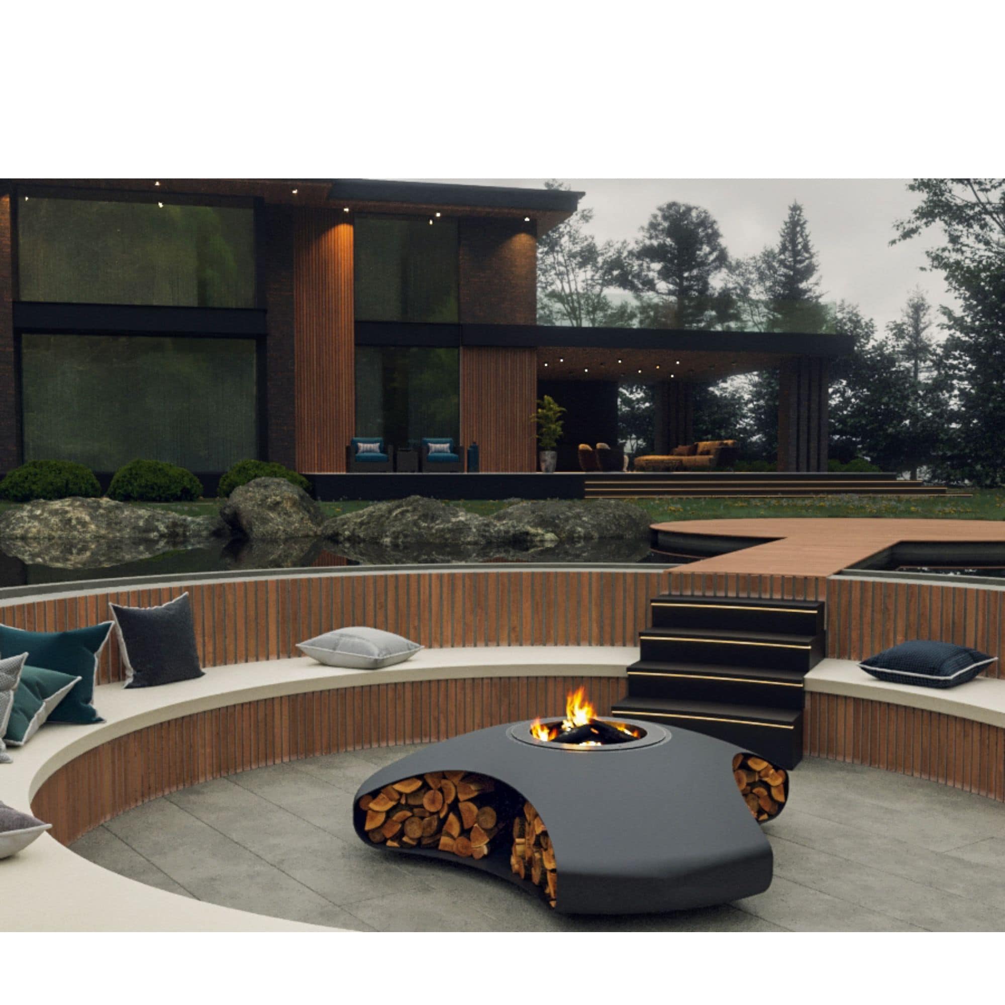 Outdoor patio with fire pit, seating area, and modern house in the background