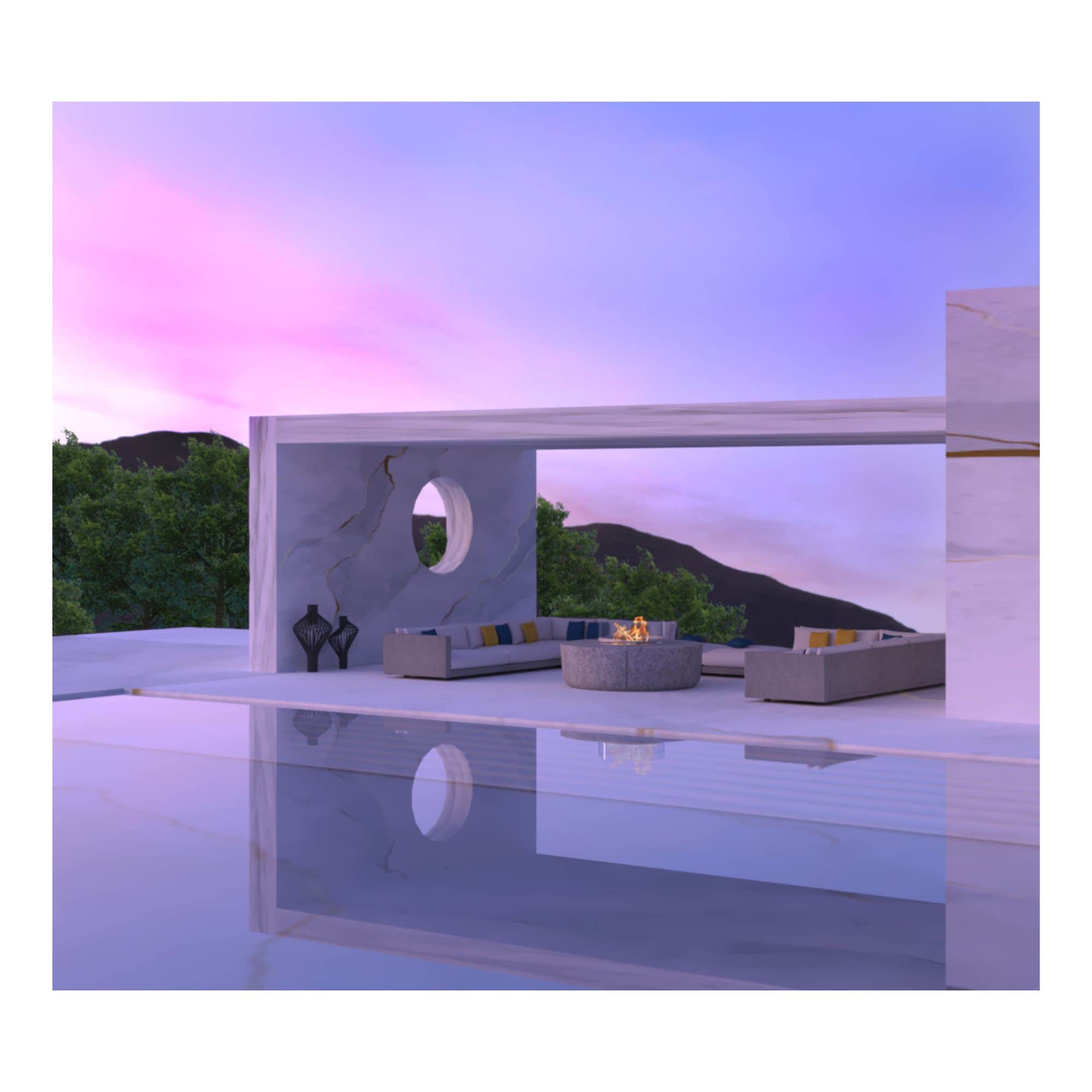 Modern outdoor living space with a fire pit and seating area at dusk.