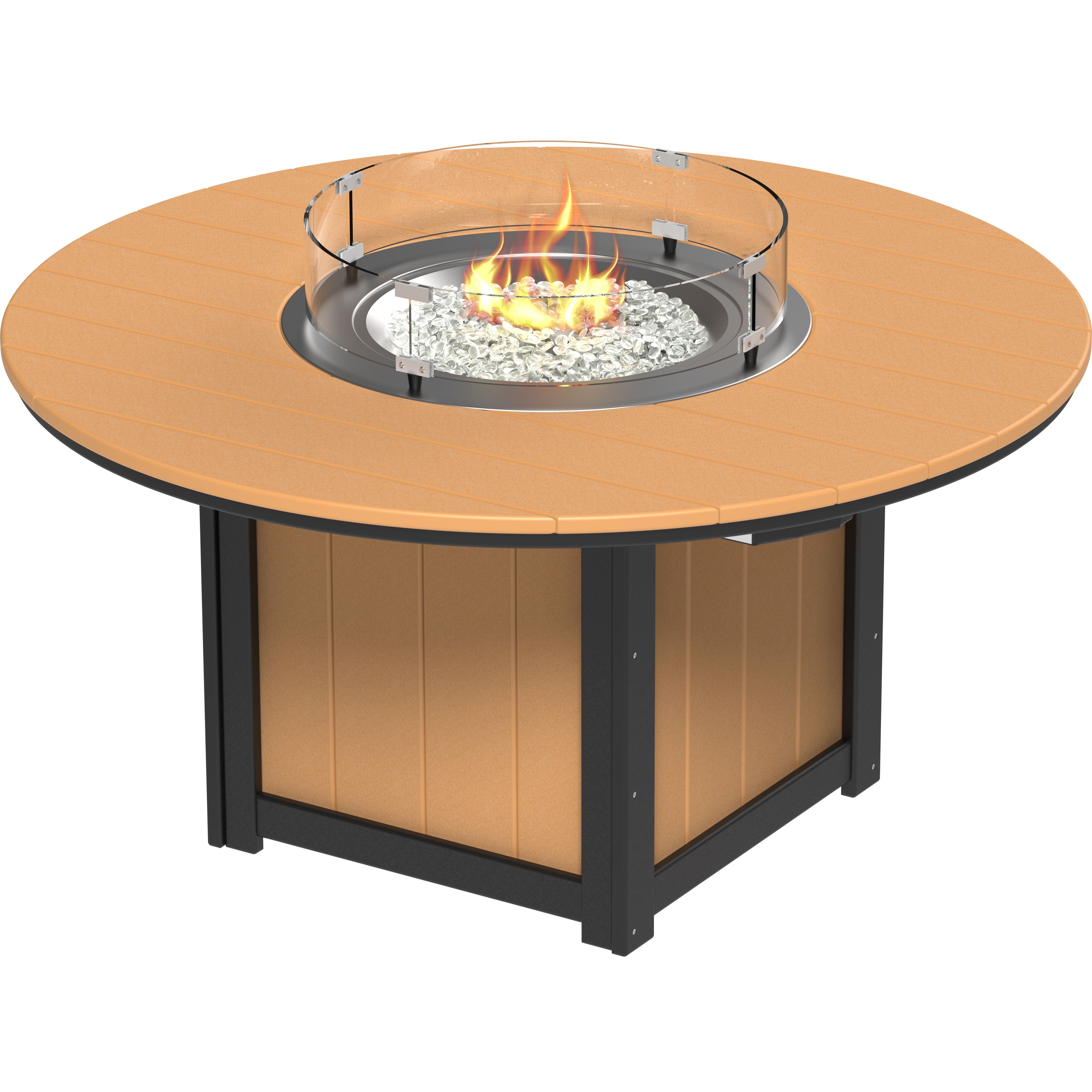 Round fire pit table with wooden top and black base on a white background
