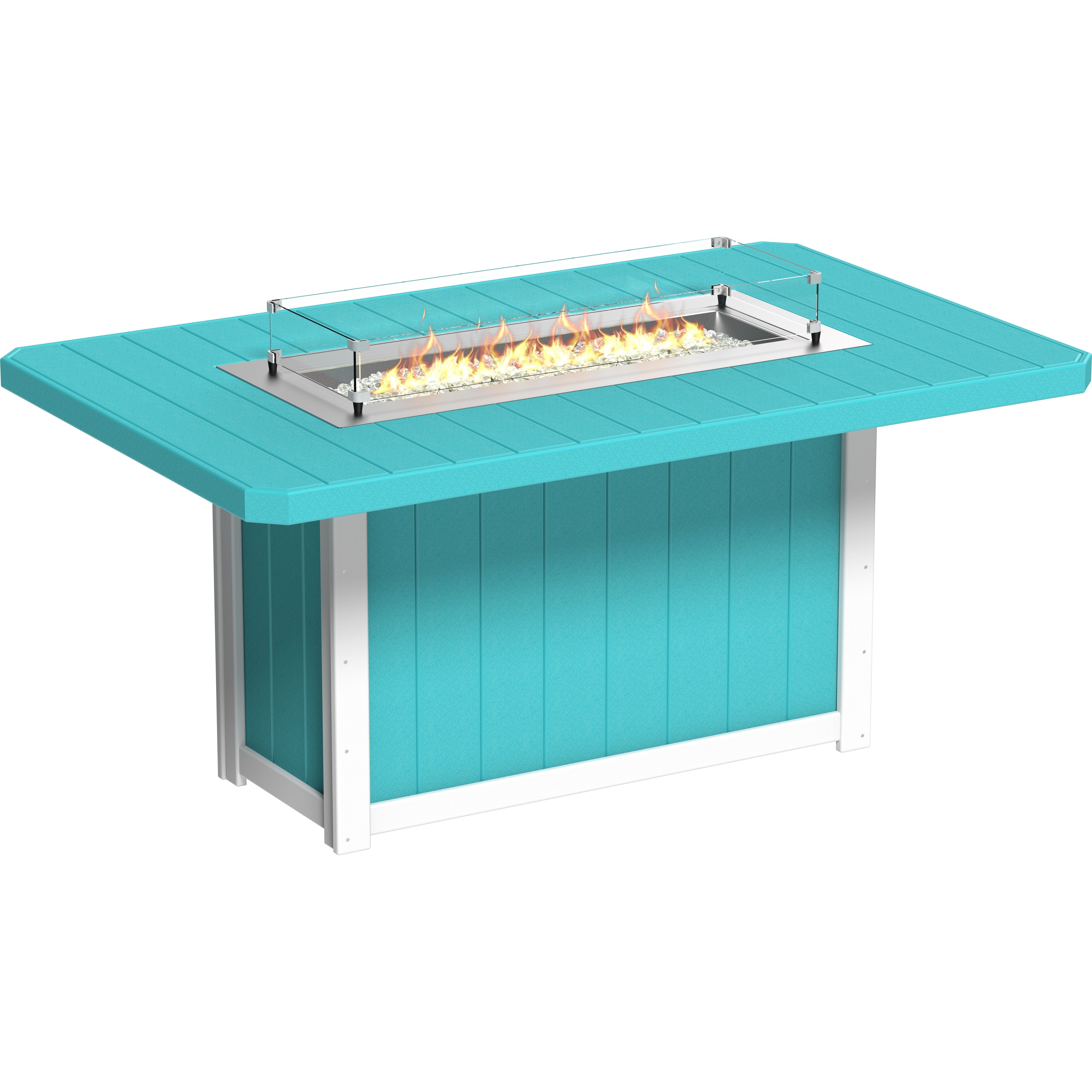 Turquoise fire pit table with flames on a white background