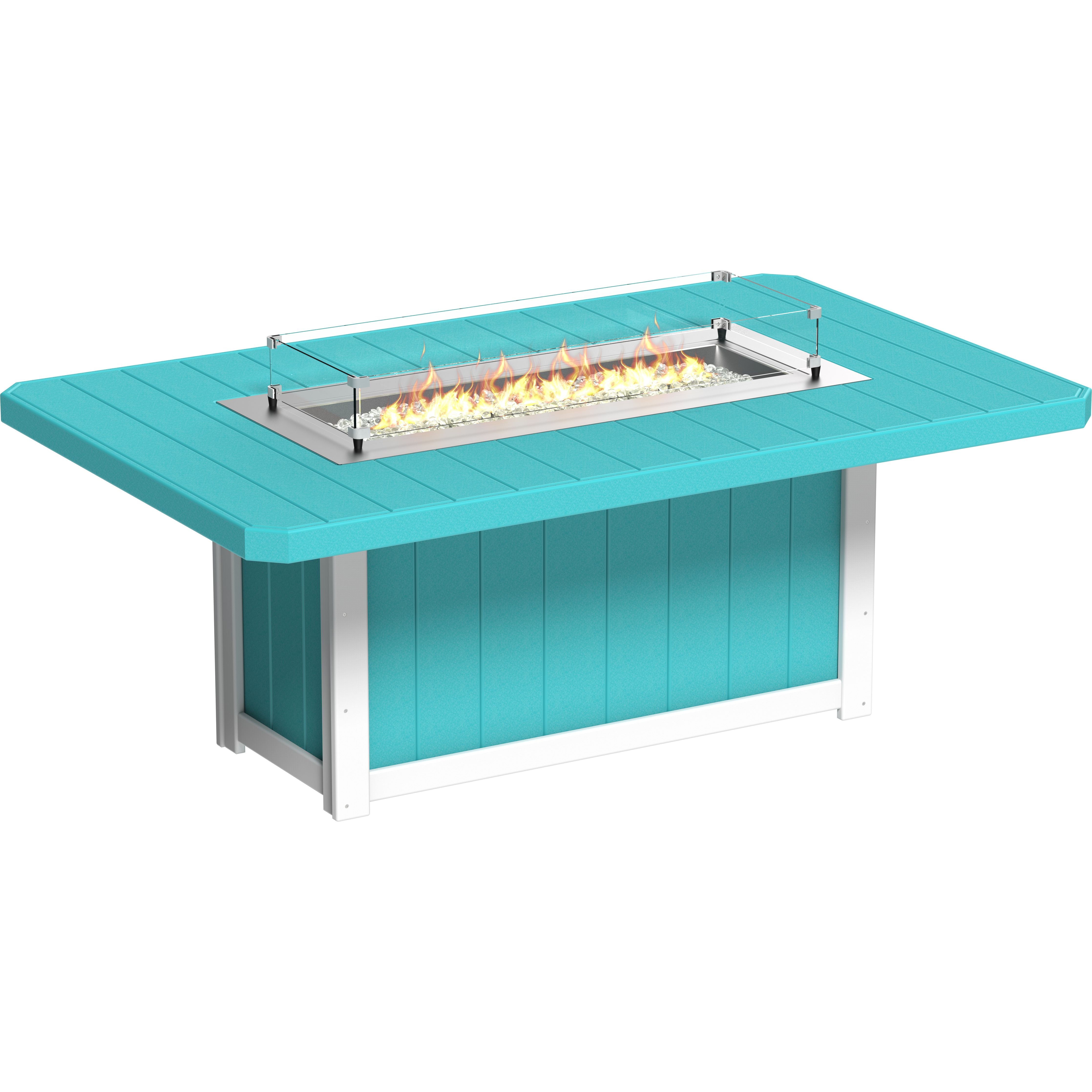 Turquoise fire pit table with flames on a white background