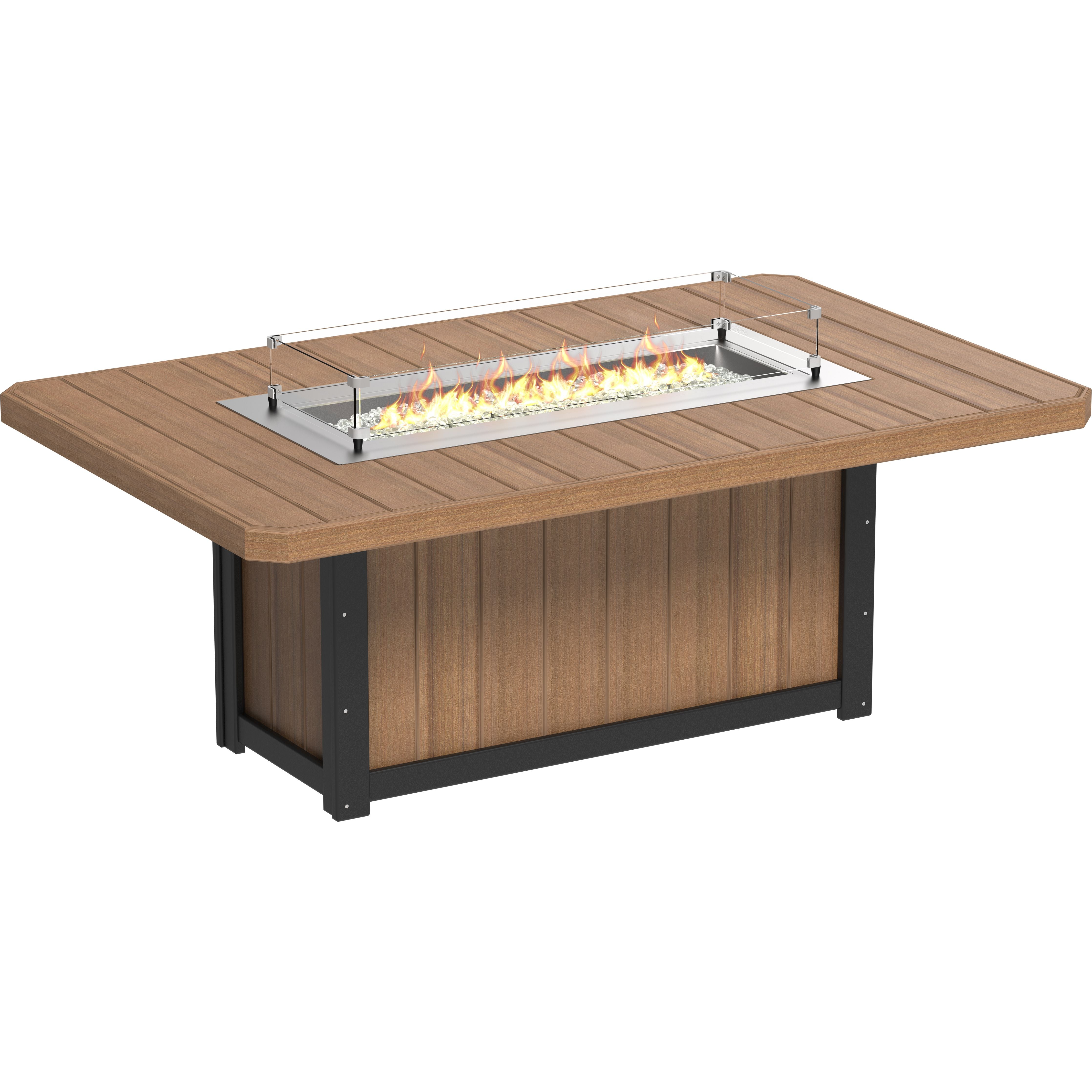 Wooden fire pit table with flames on a white background
