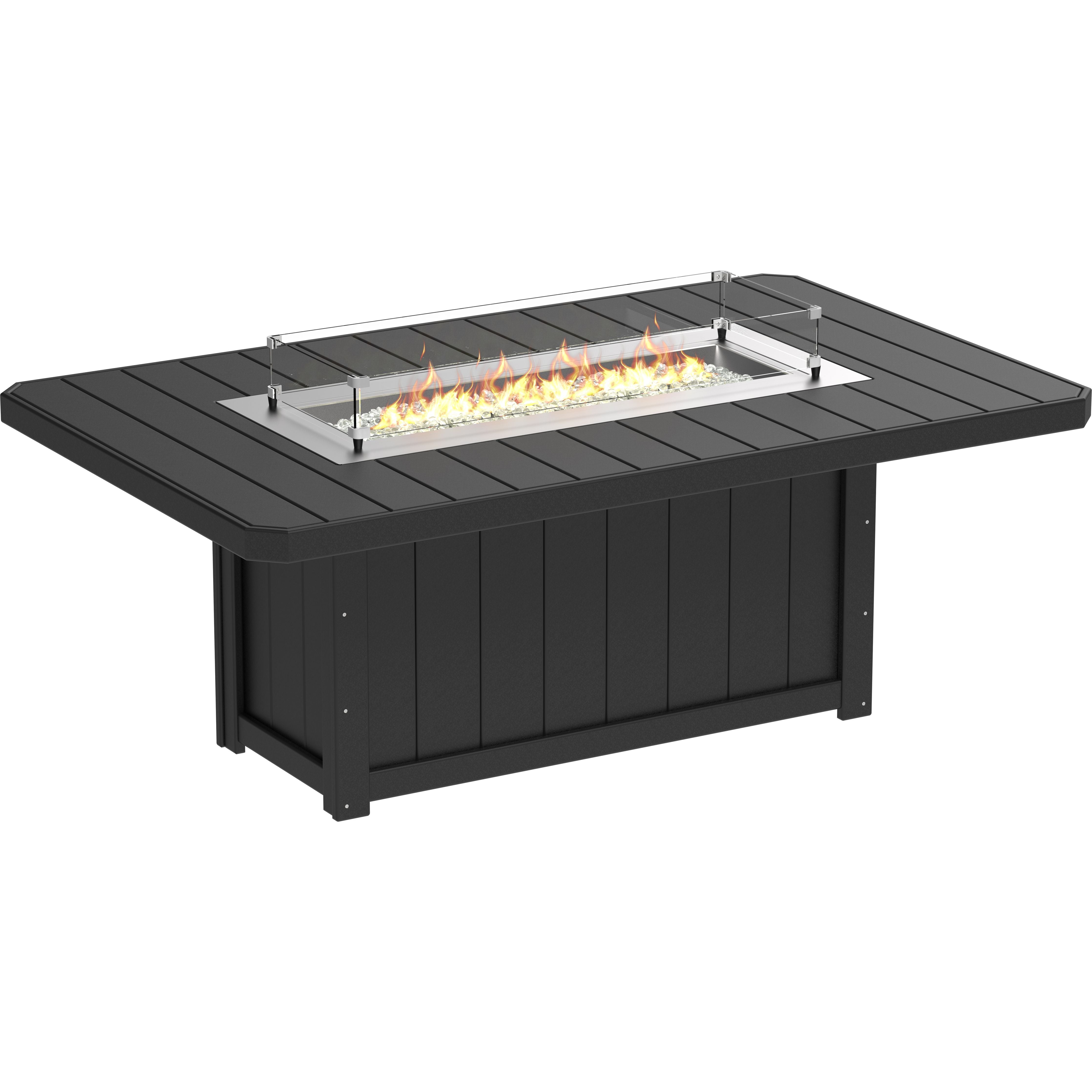 Black fire pit table with flames on a white background