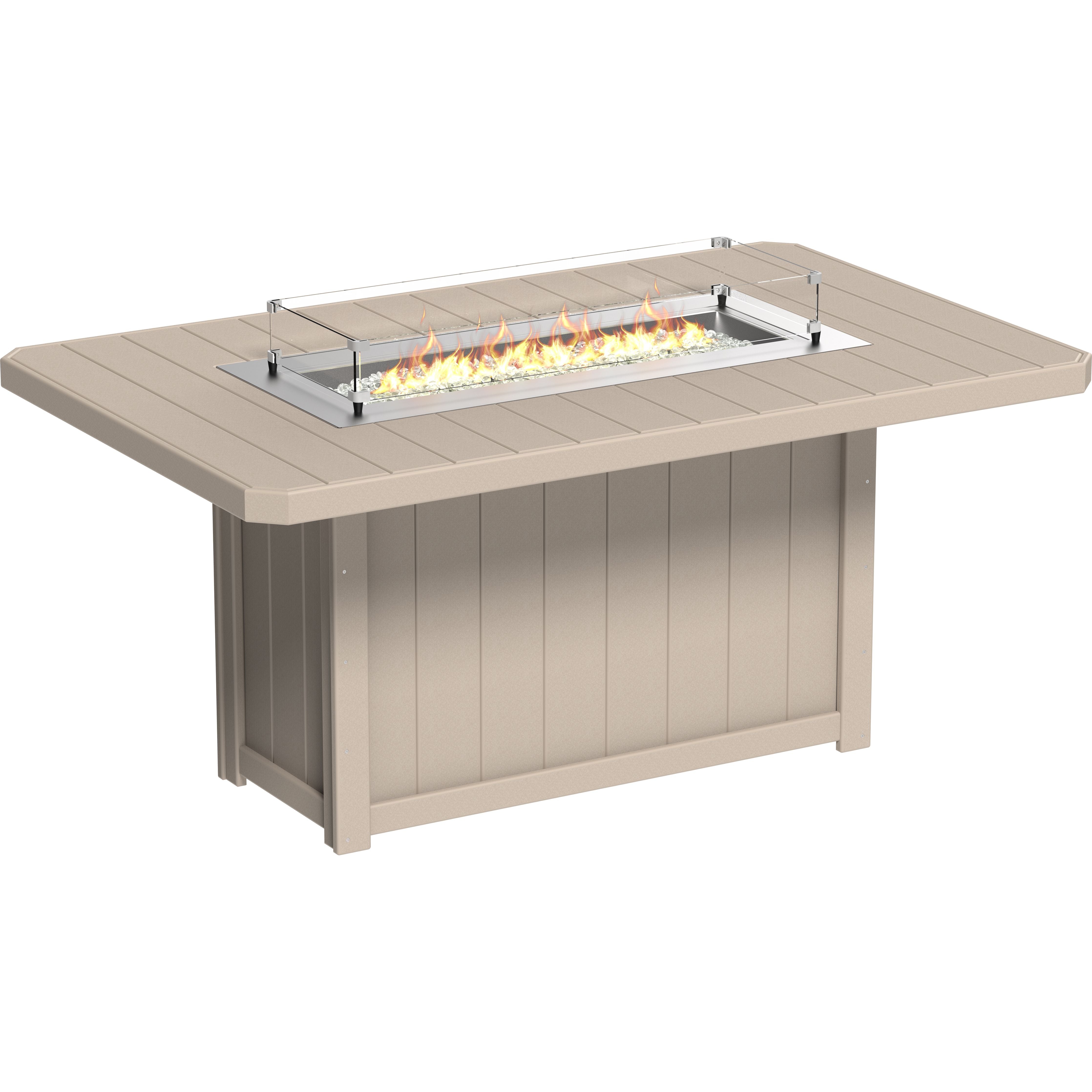 Beige outdoor fire pit table with flames on a white background