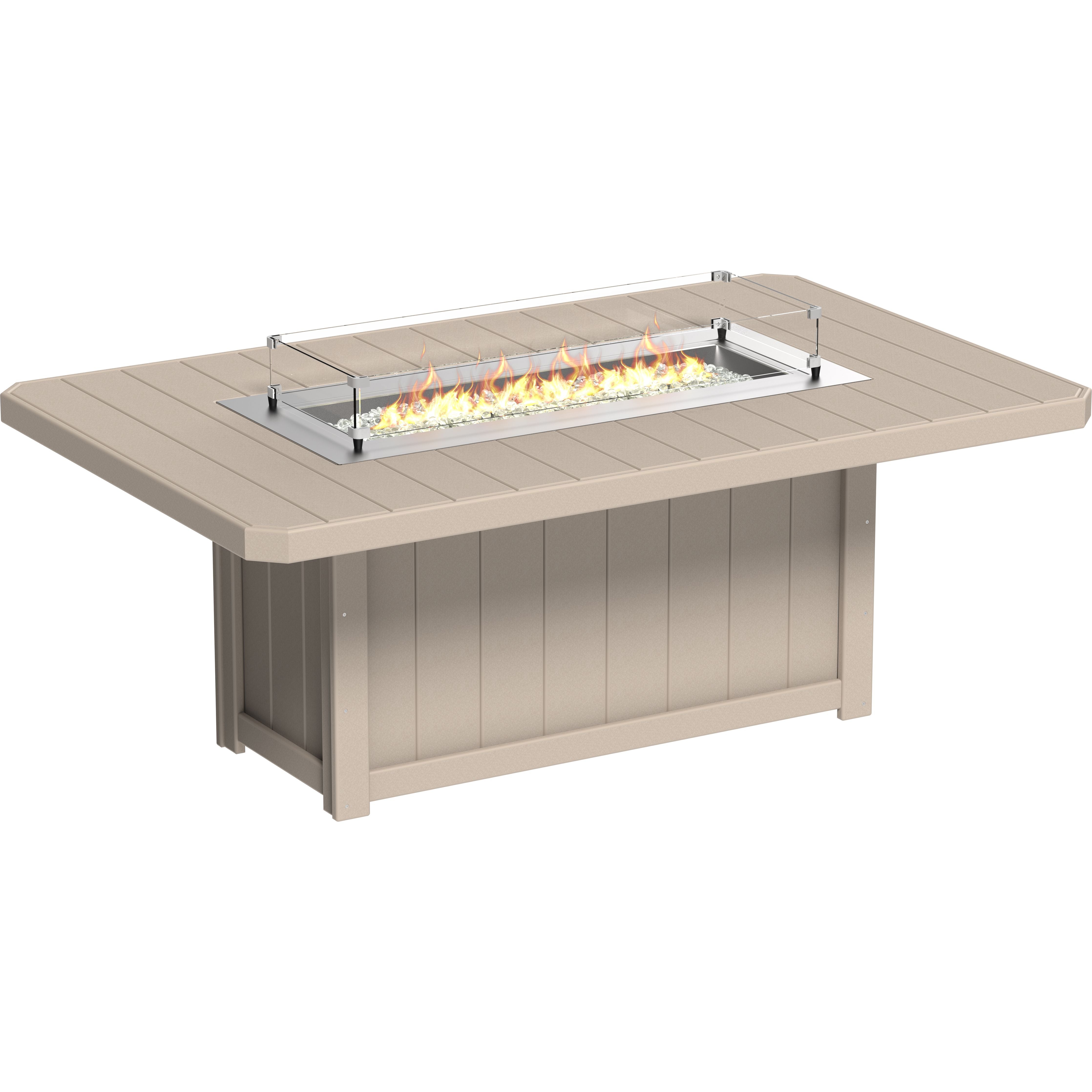 Beige outdoor fire pit table with flames on a white background