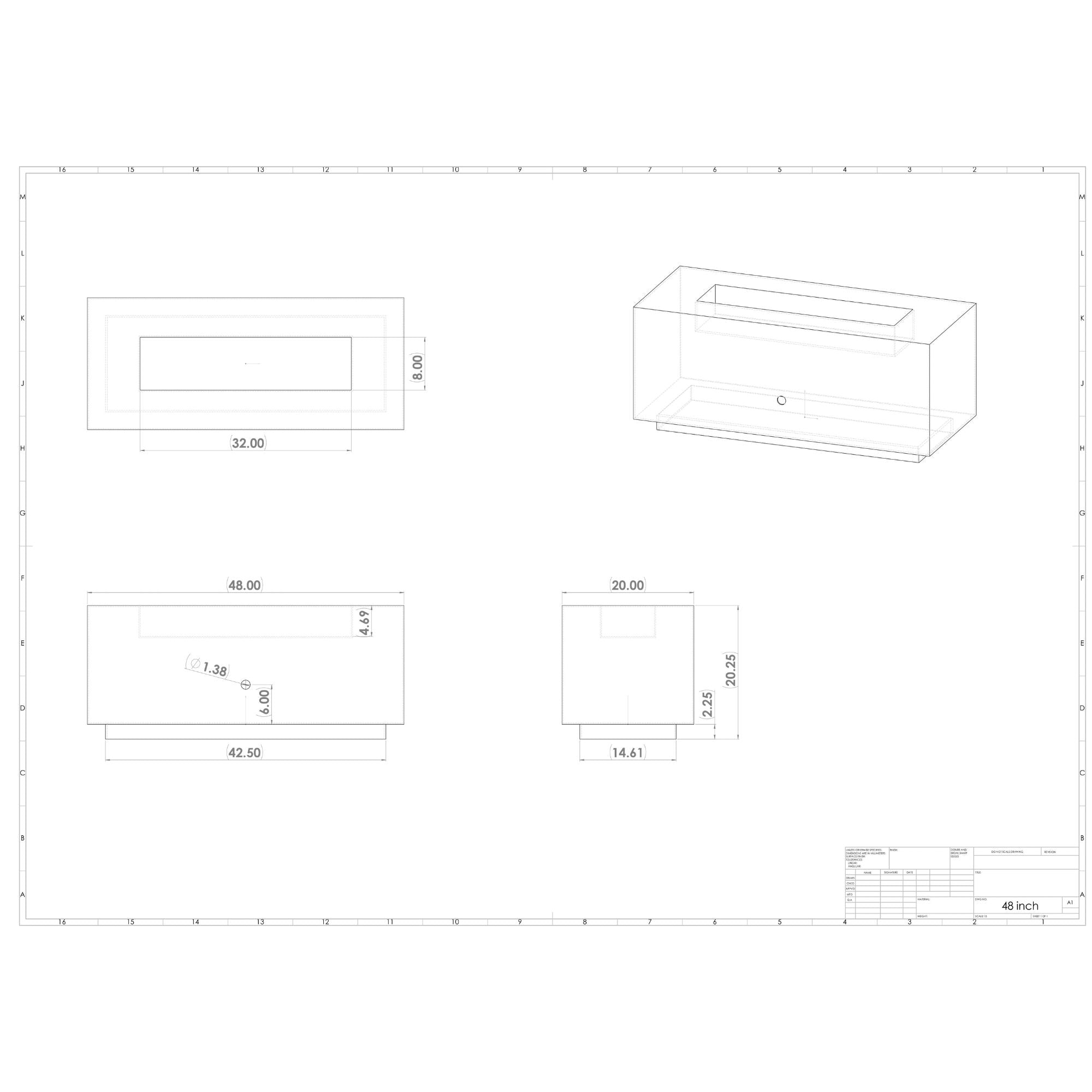 Technical drawing of a rectangular fire pit with dimensions