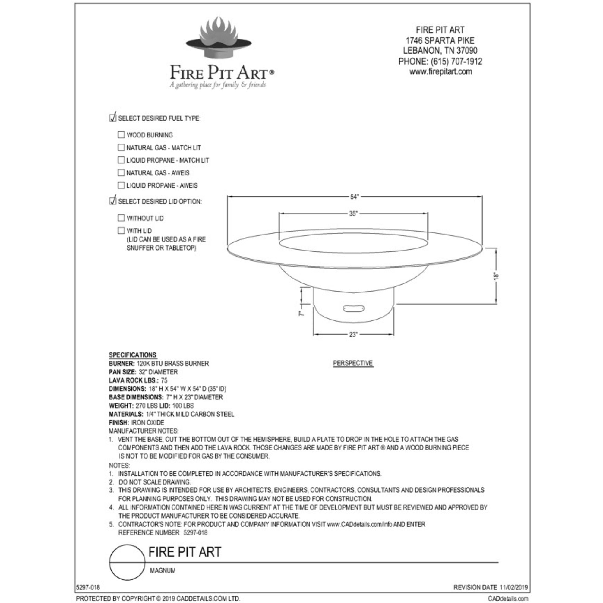 Technical drawing of a fire pit with dimensions and specifications.