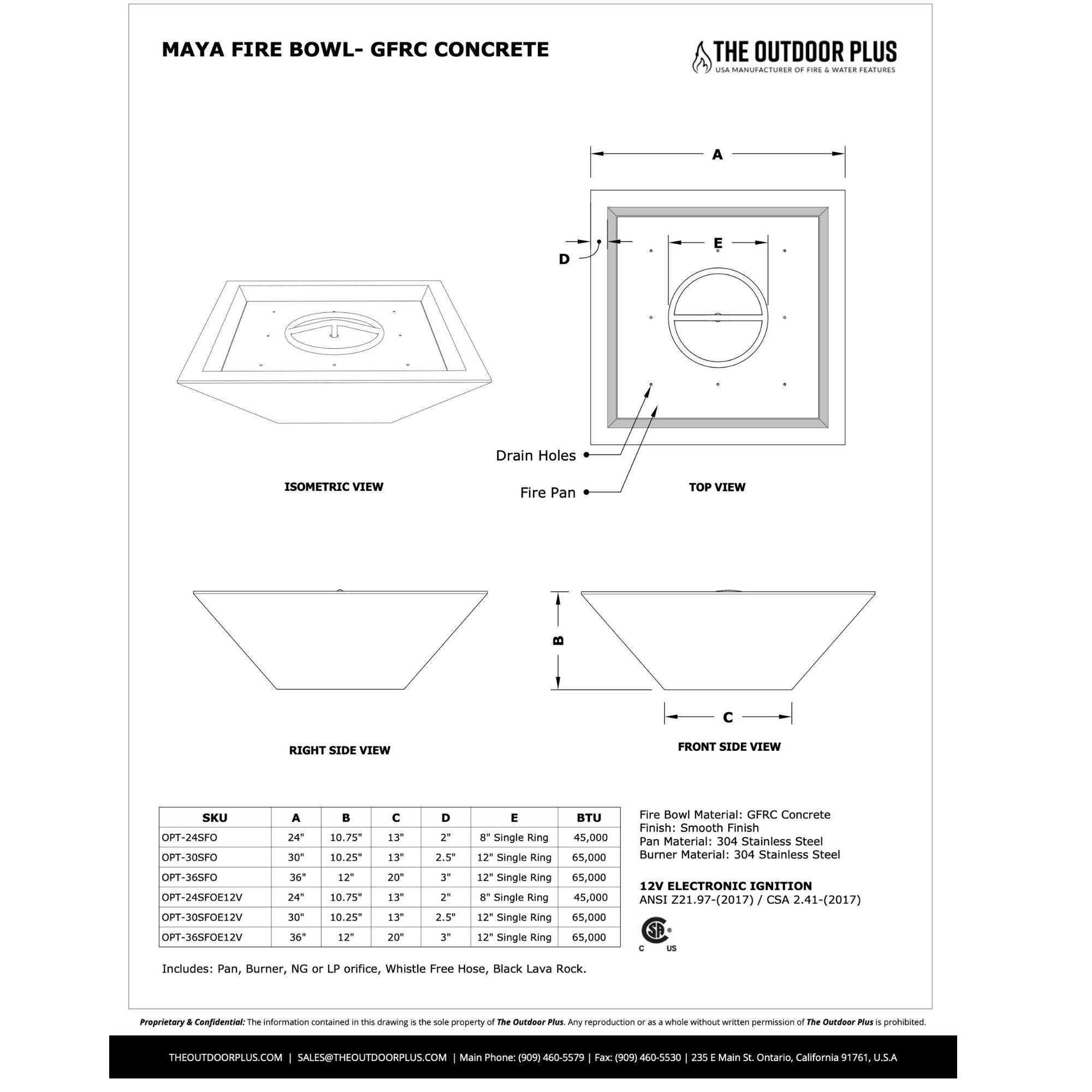 Technical drawing of a Maya Fire Bowl GFRC concrete product with dimensions and features.
