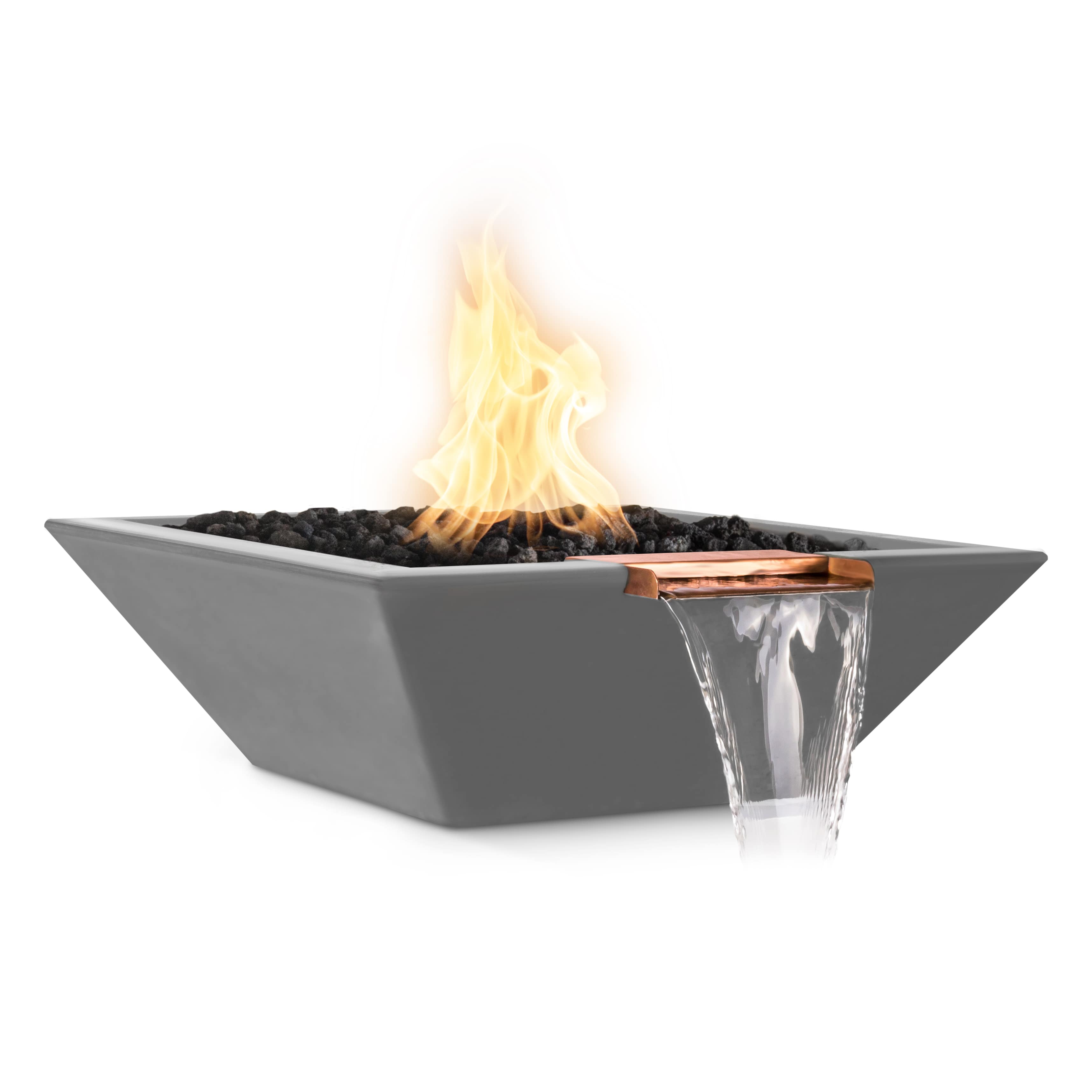 Modern outdoor fire pit with flames on a white background