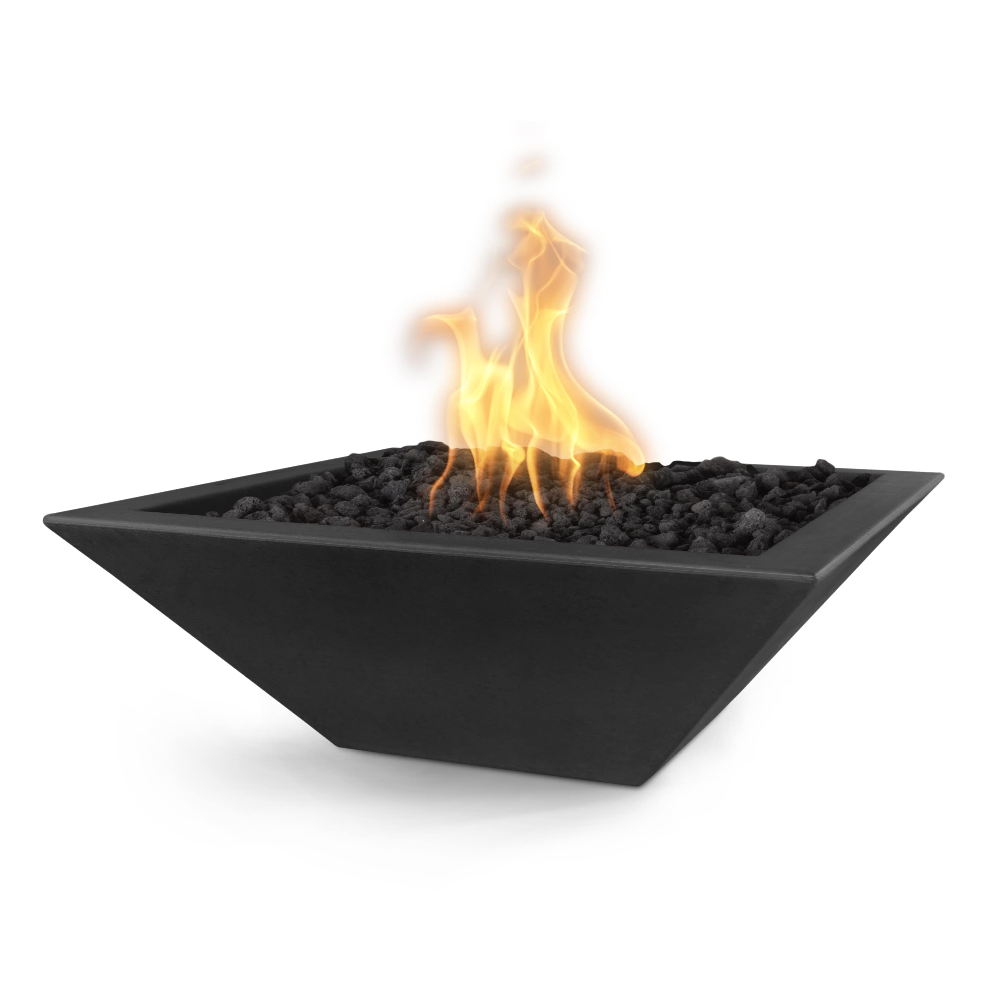 Black fire pit with flames on a white background