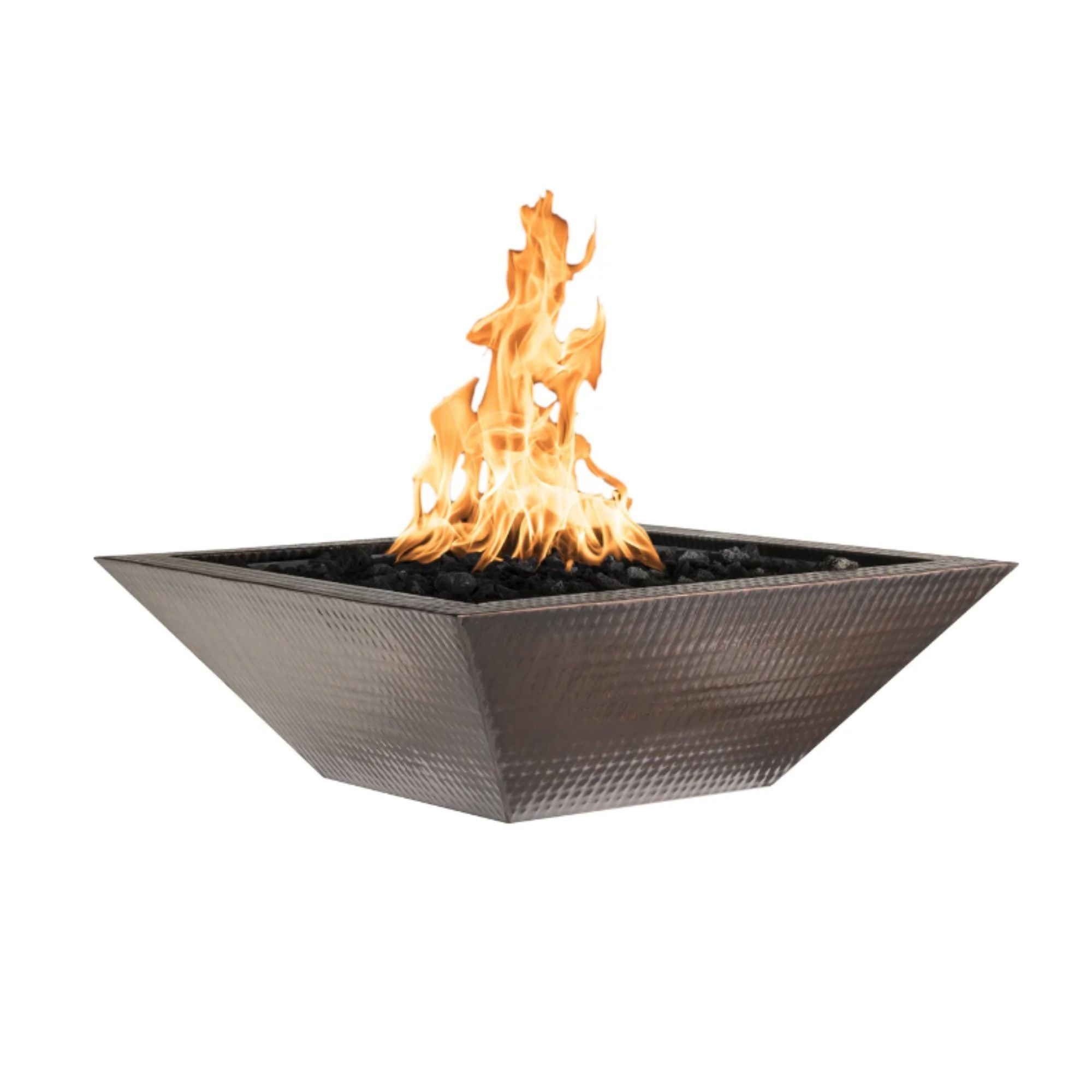 Square copper fire pit with flames on a white background