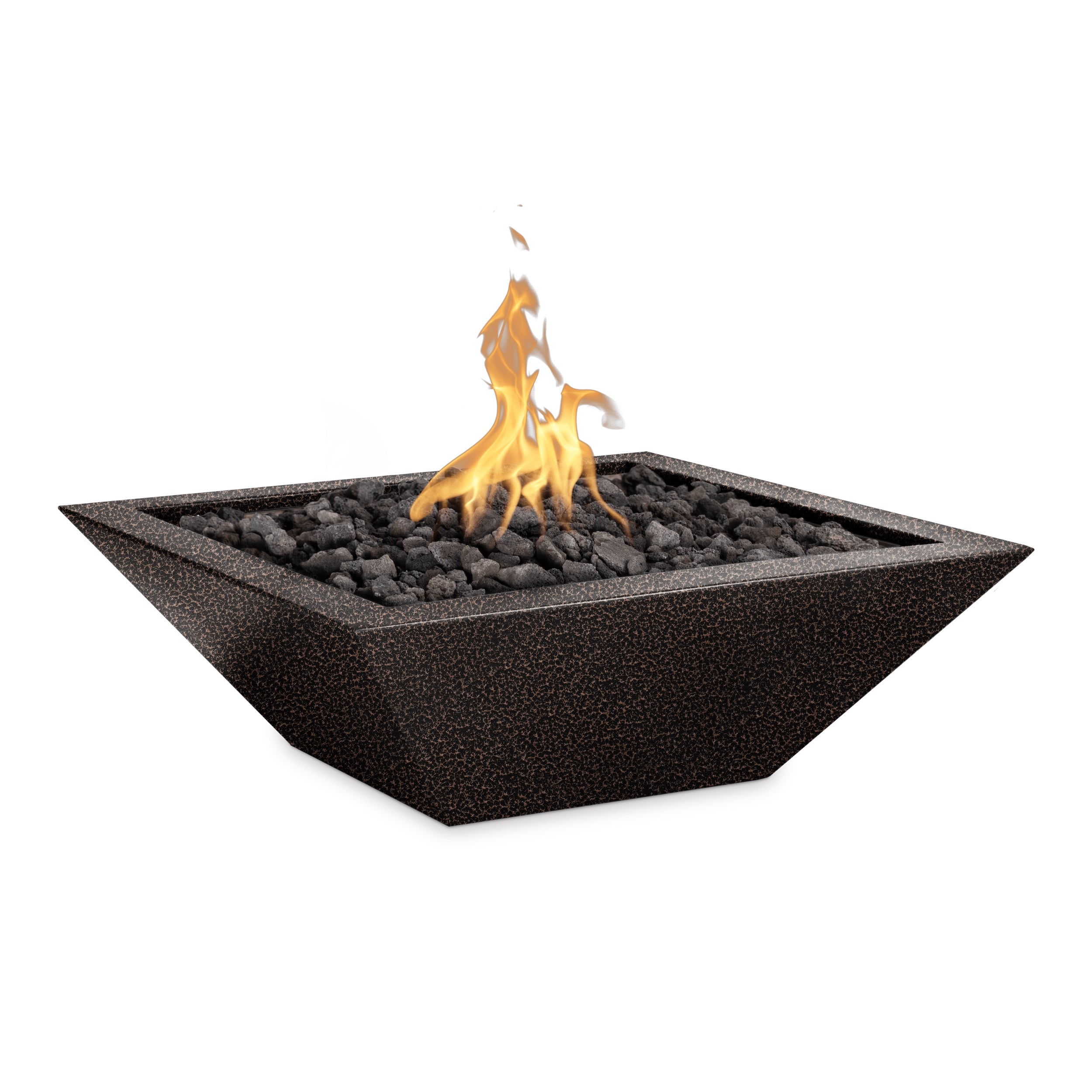 Modern fire pit with flames on a white background