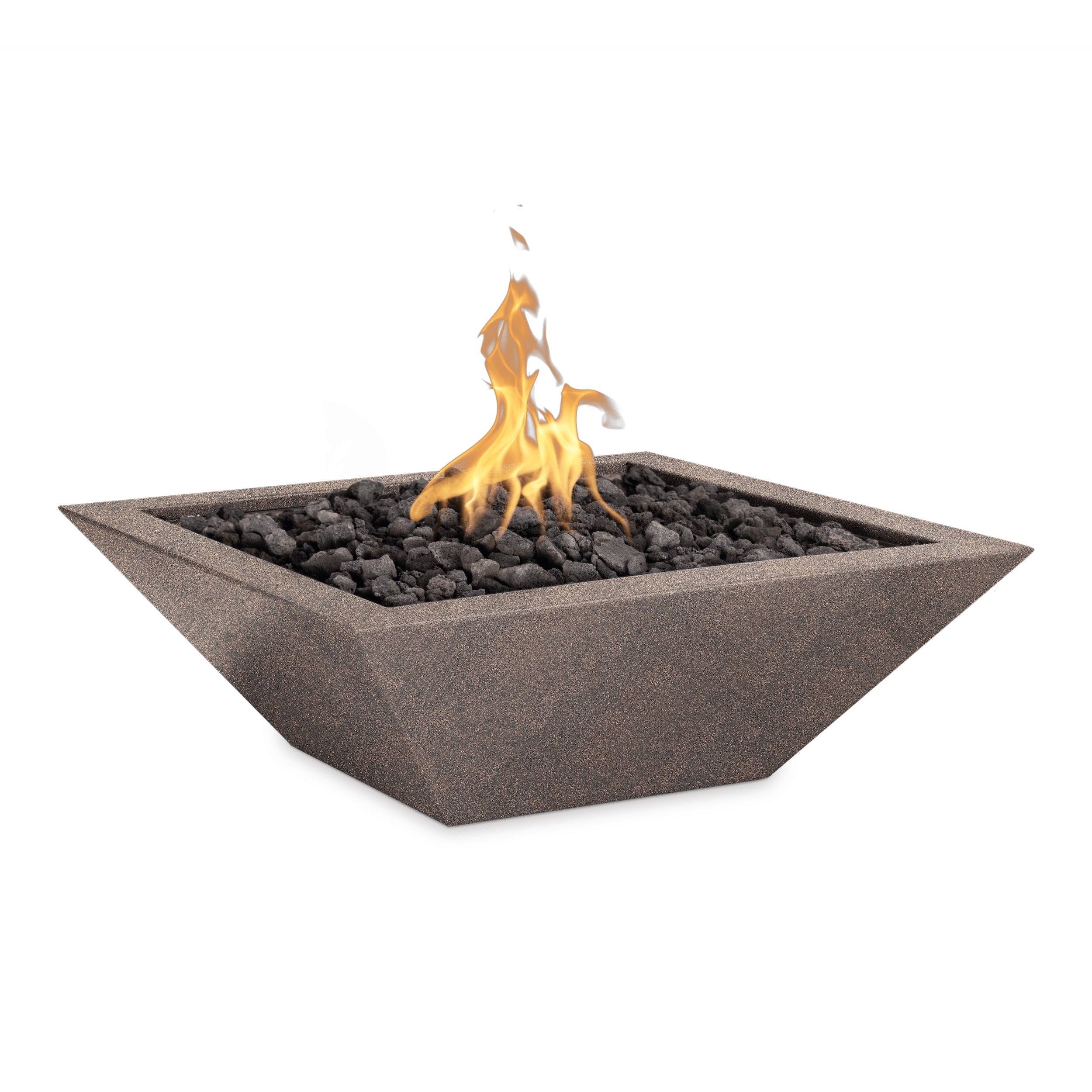 Concrete fire pit with flames on a white background