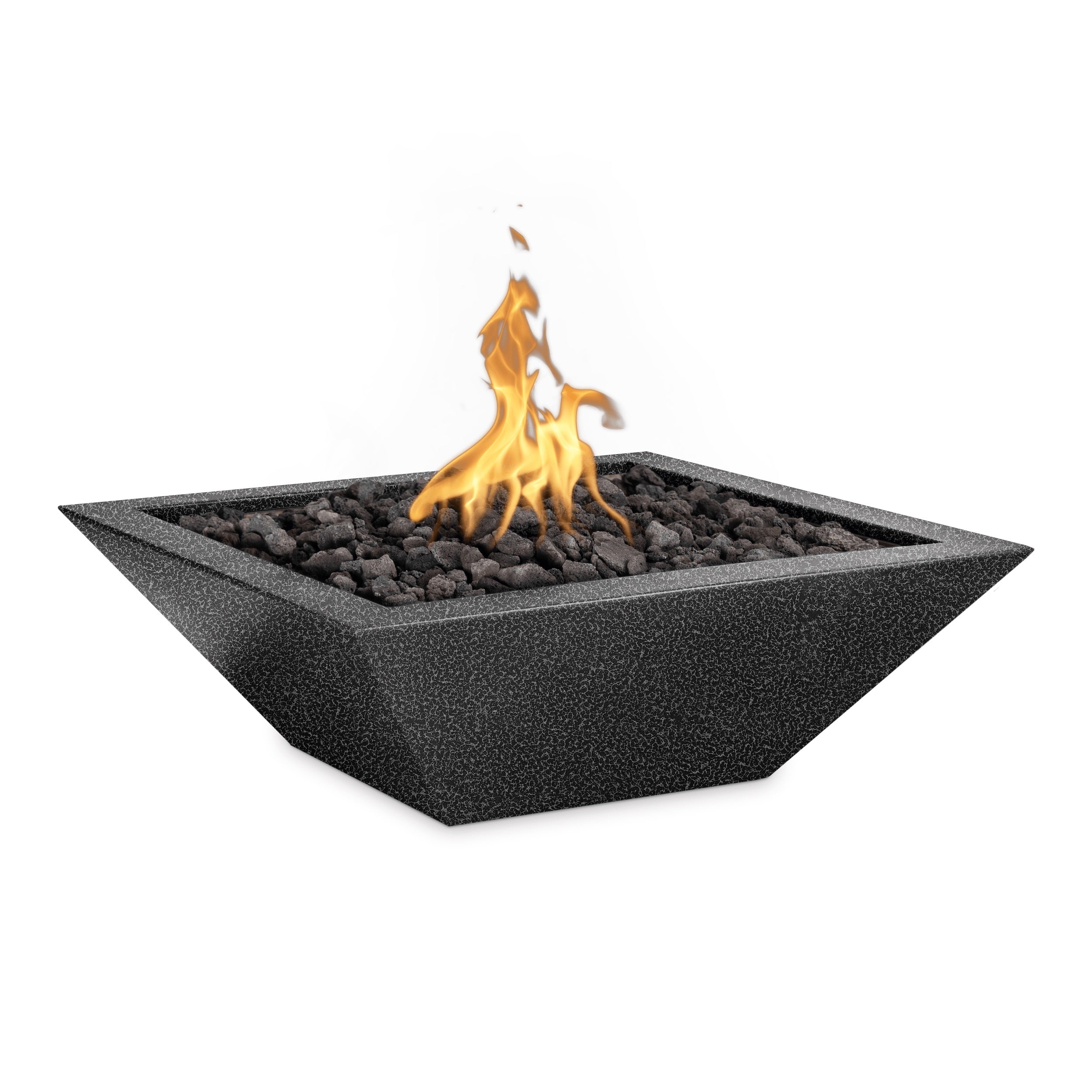 Black fire pit with flames on a white background