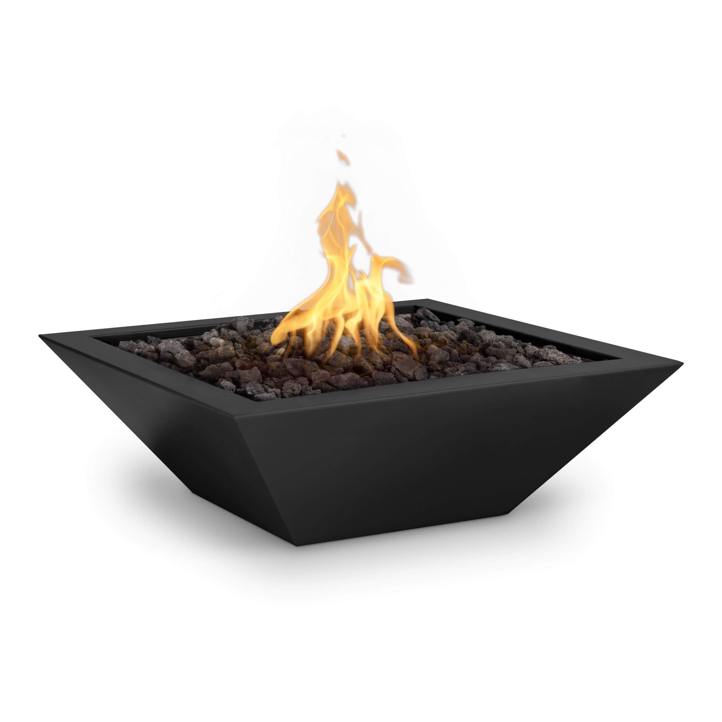 Black fire pit with flames on a white background